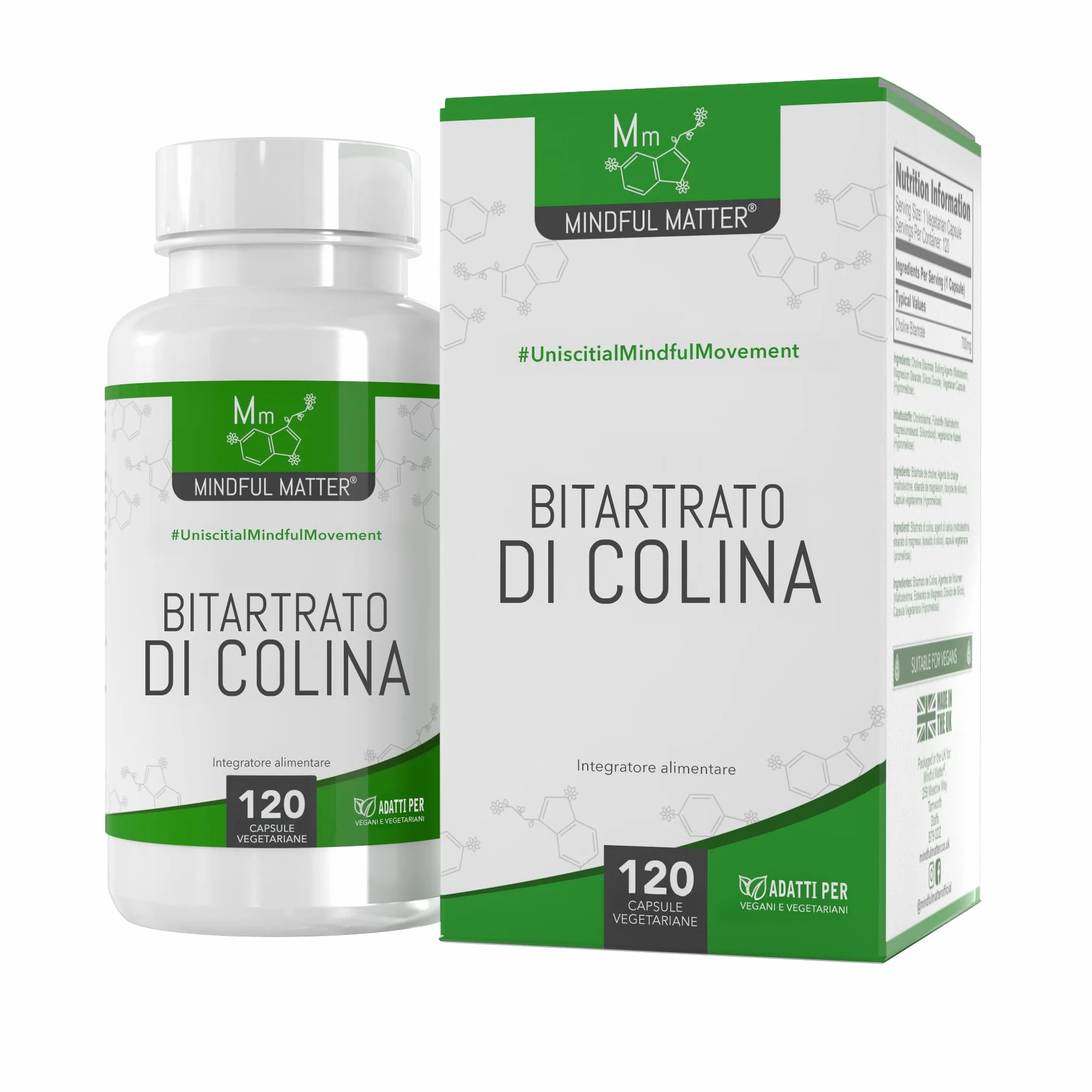 Colina Bitartrato 700mg Capsule - 120 Integratore Cholina Non-OGM Senza Glutine