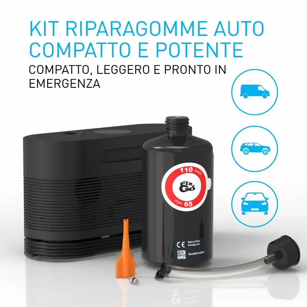Fix&Go AIR Kit Riparazione Pneumatici Auto Compressore Aria Portatile 12V, Gonfiaggio e Ripara Gomme Forate, Sigillante Ecologico Safe TPMS