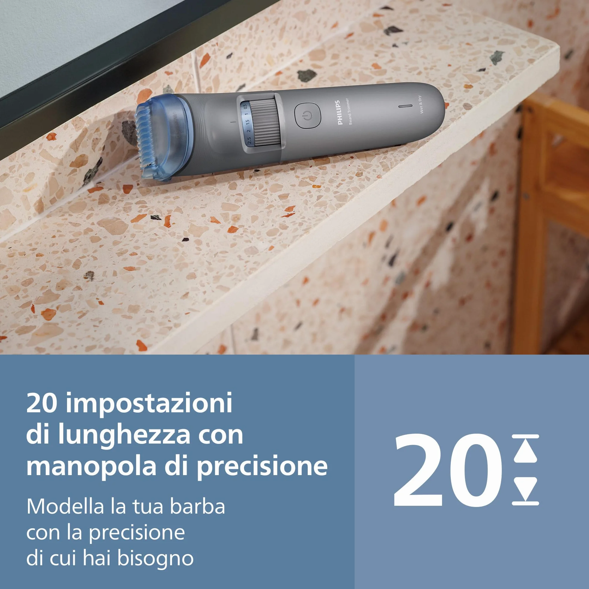 Philips Serie 3000 Regolabarba BT3619/15, lame autoaffilanti, 20 impostazioni lunghezza, impermeabile, ricarica USB
