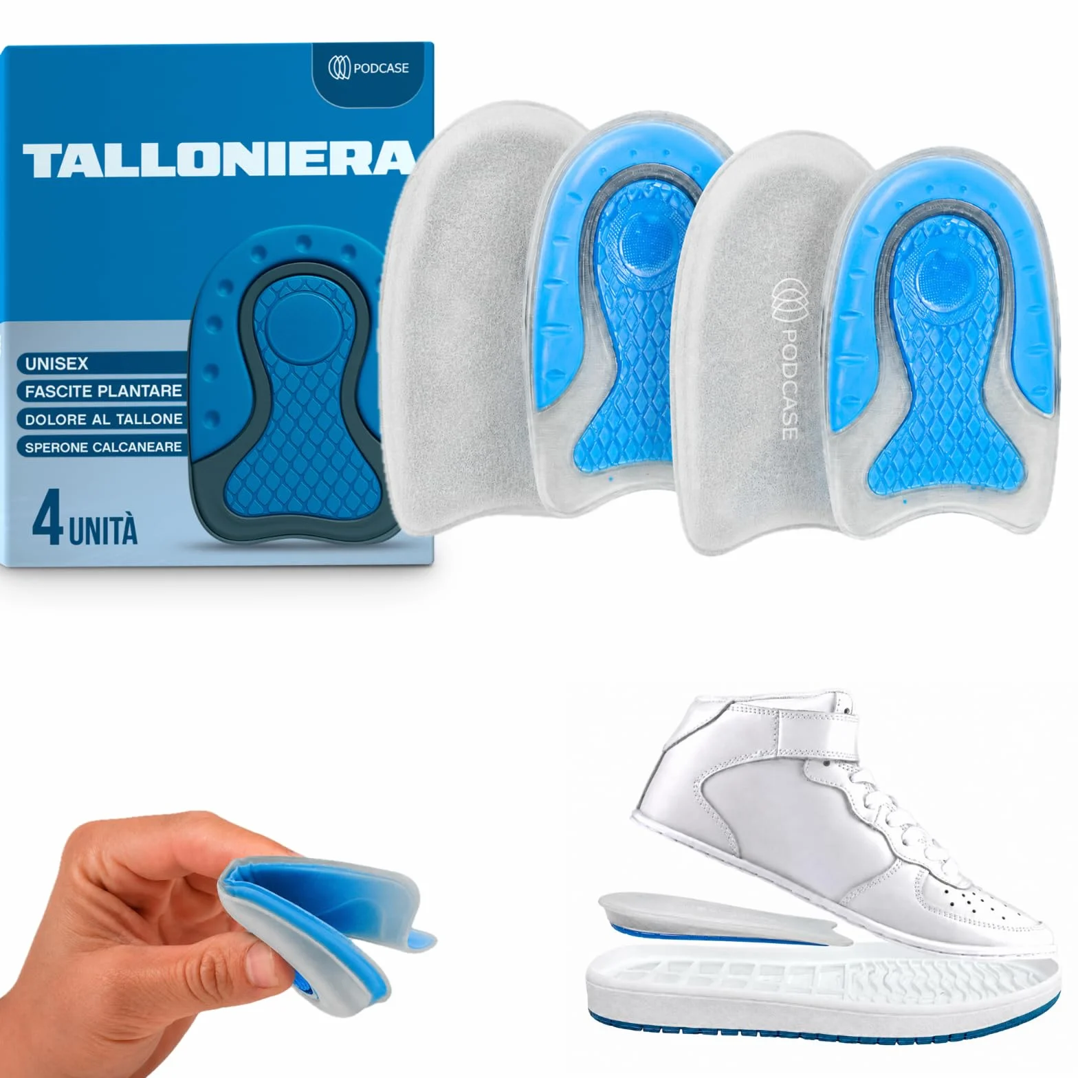 Solette Gel Ortopediche per Fascite Plantare e Spina Calcaneare - Set 4 Talloniere Silicone Unisex (Grigio, L 41-47)