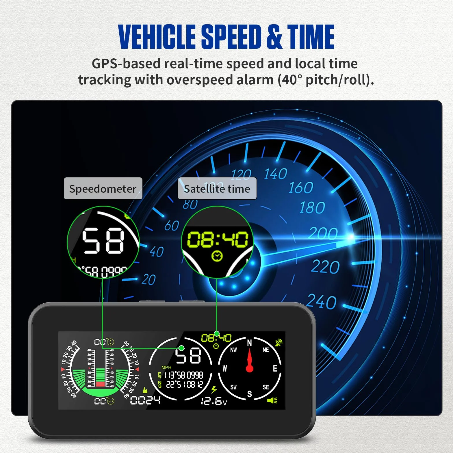 BELEY Inclinometro Digitale per Auto con GPS, Velocità in Tempo Reale, Bussola LCD HD
