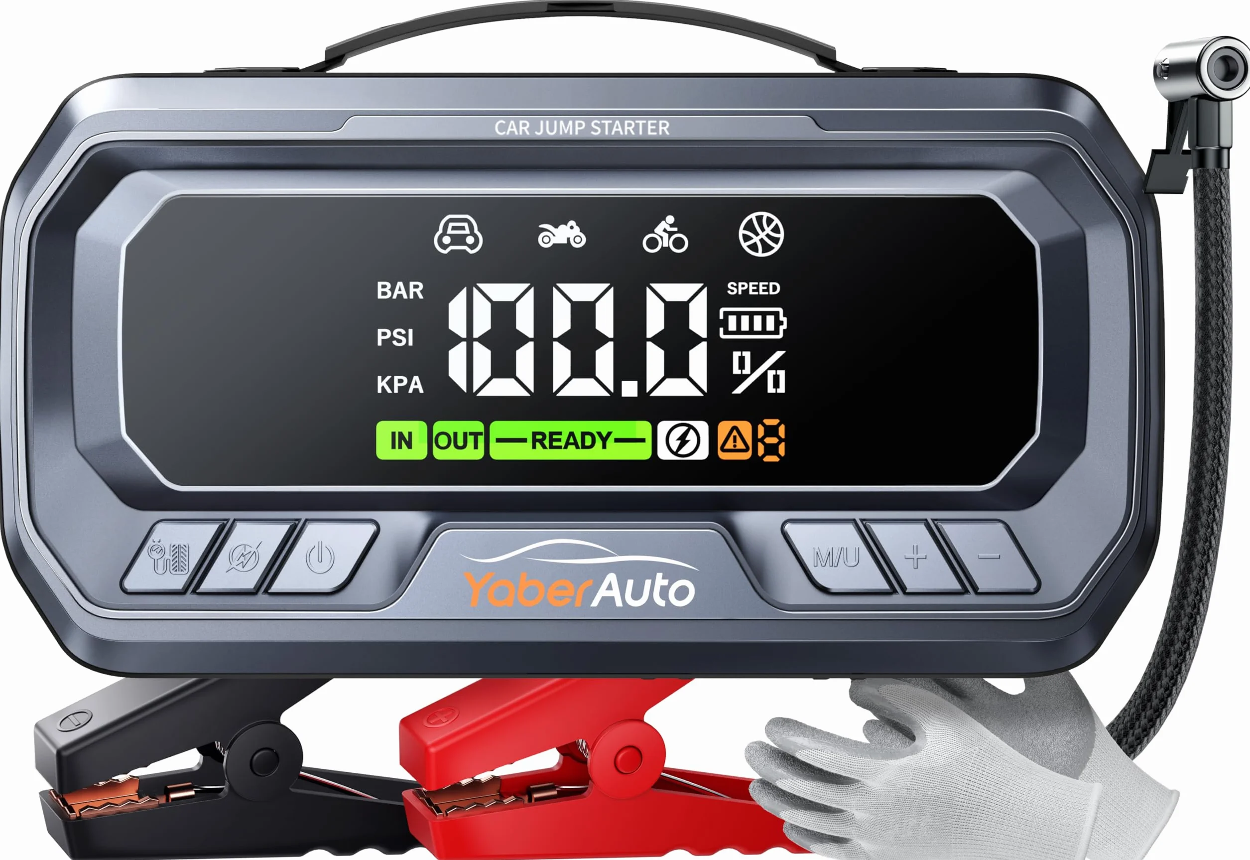 YaberAuto Avviatore Batteria Auto 8000A 26800mAh con Compressore 160PSI Uscita DC 160W, PD65W Booster Avviamento,Avviatore Emergenza per Auto (Tutto Gas/12.0L Diesel), 600 Lumens