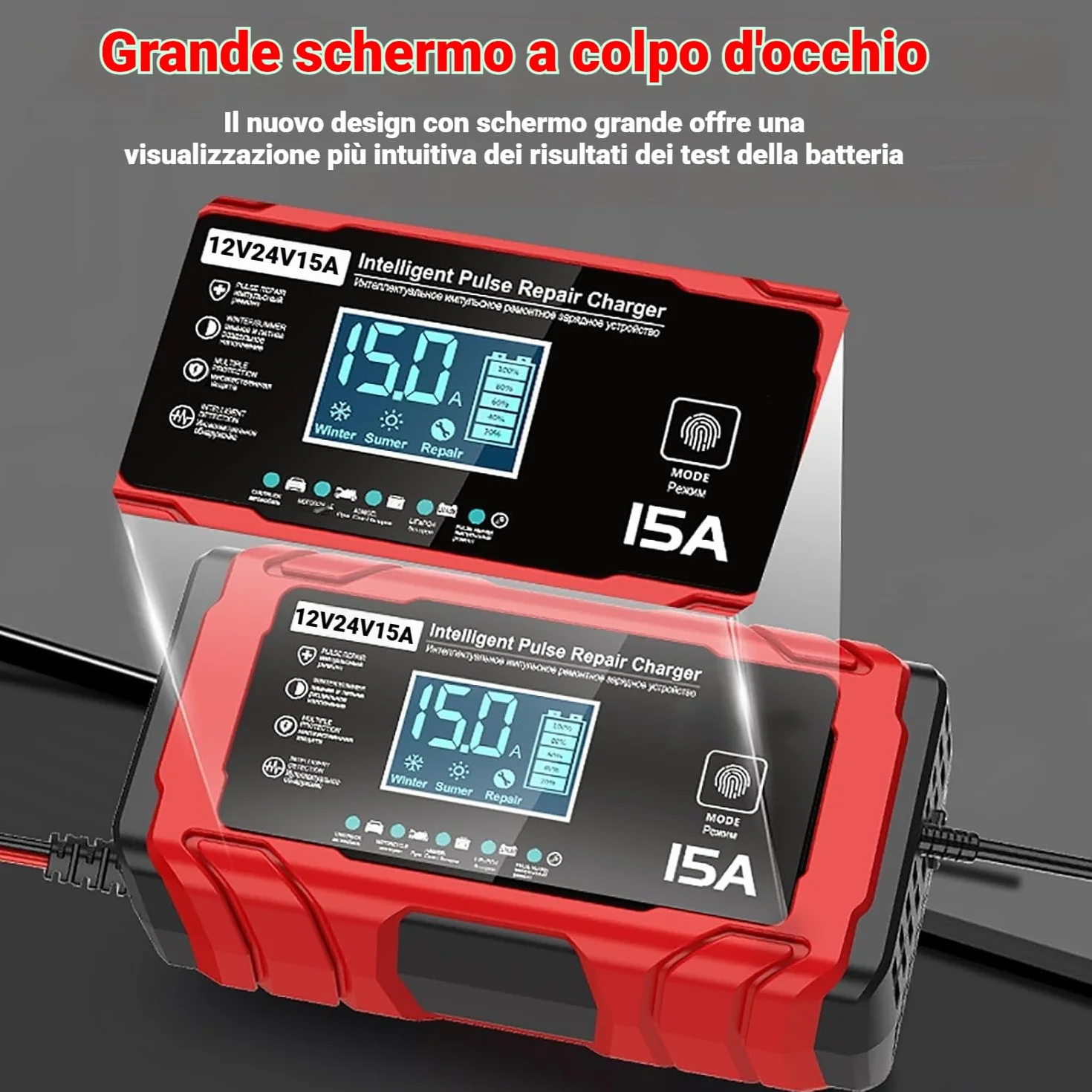Caricabatteria per Auto 15A - 12V/24V 15A Carica Batterie intelligente Auto, Schermo LCD, Caricabatterie con Multi-Protezione, Compatibile con Batterie per Auto, Moto, AGM e LiFePO4