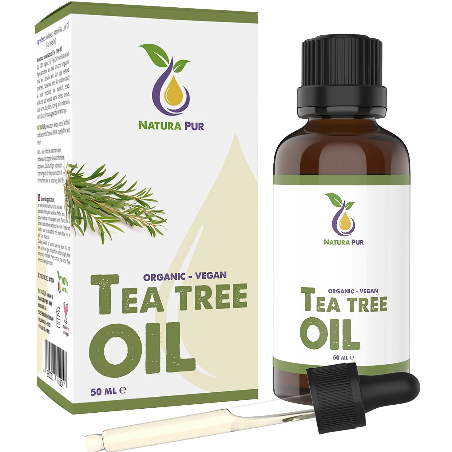 Tea Tree Oil 50ml con Pipetta - Olio Essenziale di Albero del Tè Puro Biologico per Acne e Aromaterapia
