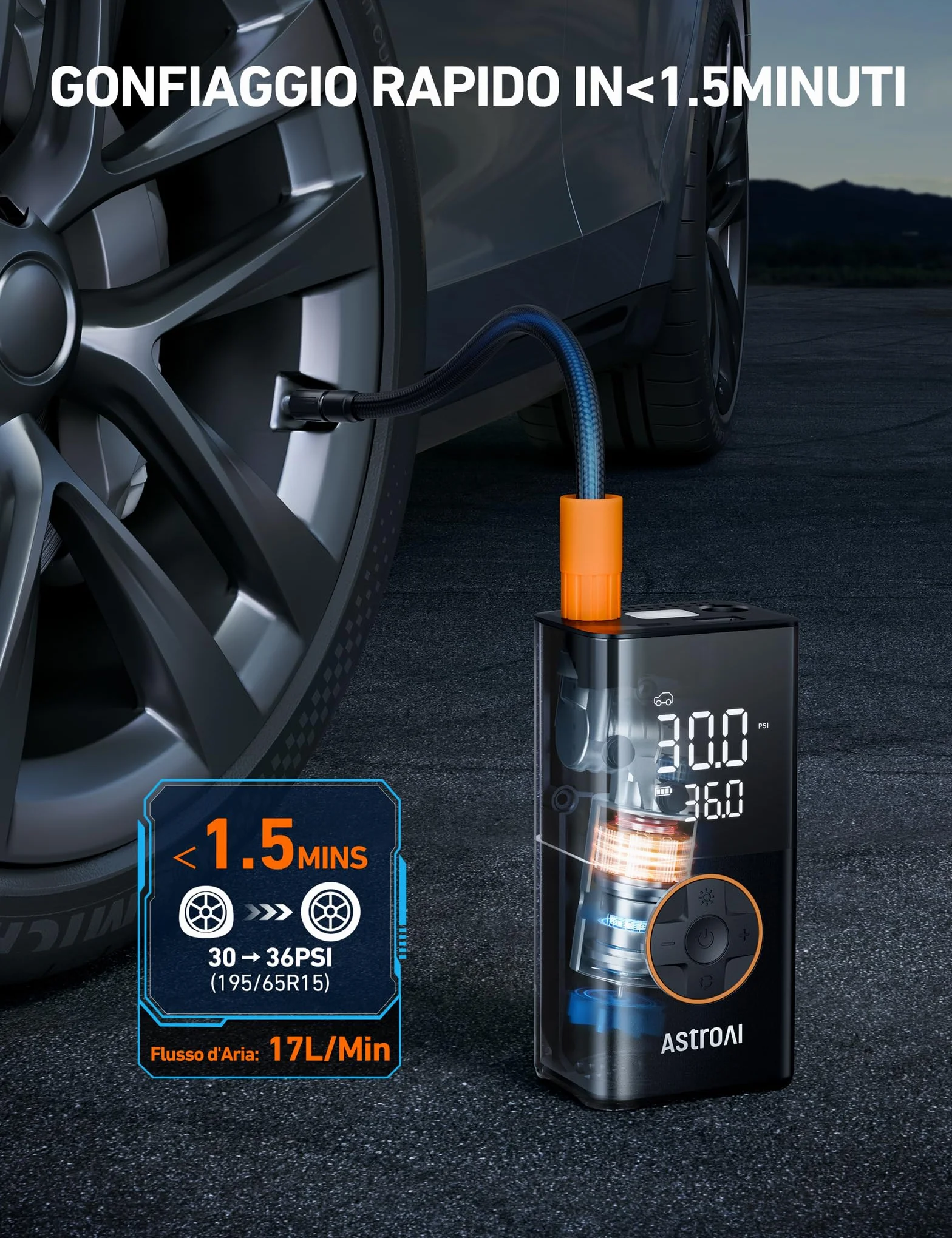 AstroAI Compressore Aria Portatile Mini Pompa d'Aria Auto con Batteria 4000 mAh LED