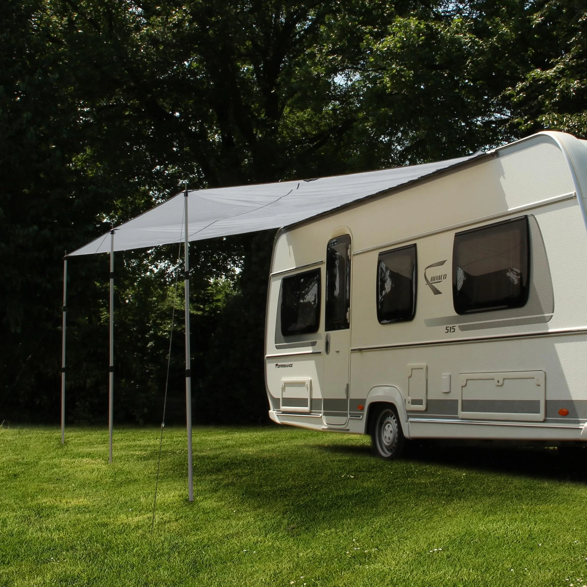 yourGEAR - Tenda da sole per roulotte e roulotte, con aste di appoggio UV 50+, impermeabile, 5000 mm, doppio listello da 7 mm e 5 mm (grigio, 450 x 240 cm)