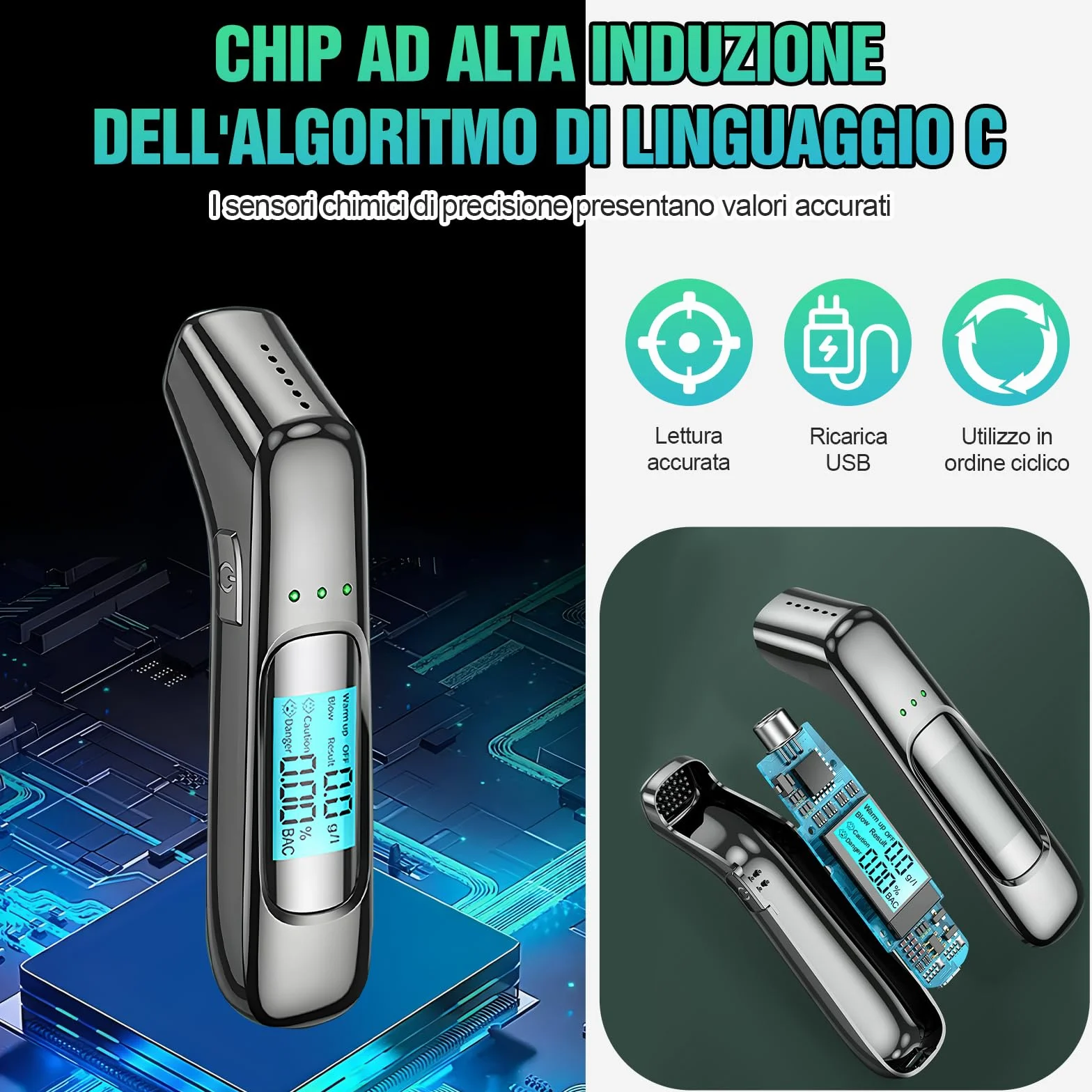 Etilometro Portatile Certificato Alcol Test LED Alta Definizione Chip Alta Sensibilità