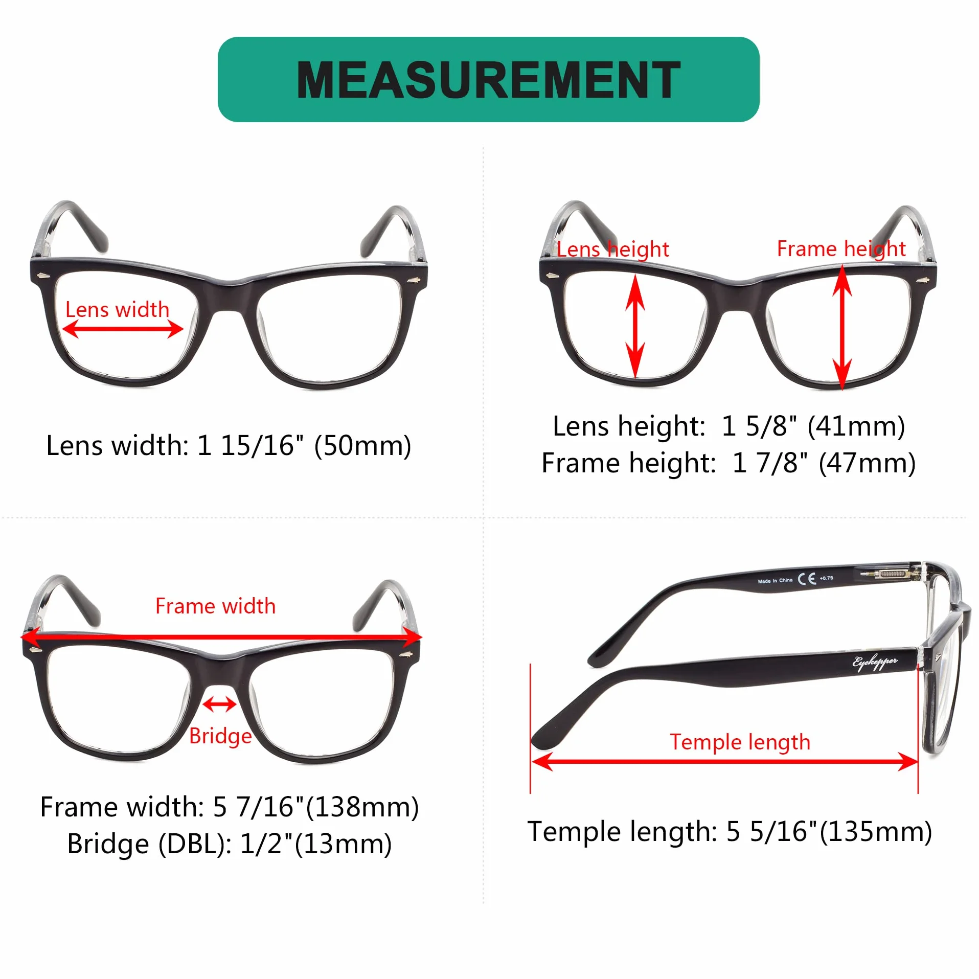 Eyekepper Occhiali da Lettura con Cerniere a Molla Lenti Trasparenti Resistente Nero 0.50