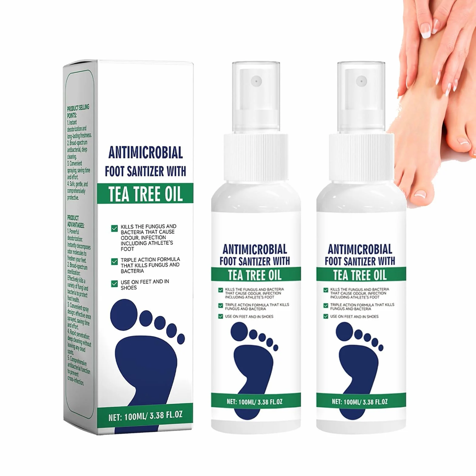 Olio dell'albero del tè spray antimicrobico per funghi del piede, talloni screpolati, 2 pezzi
