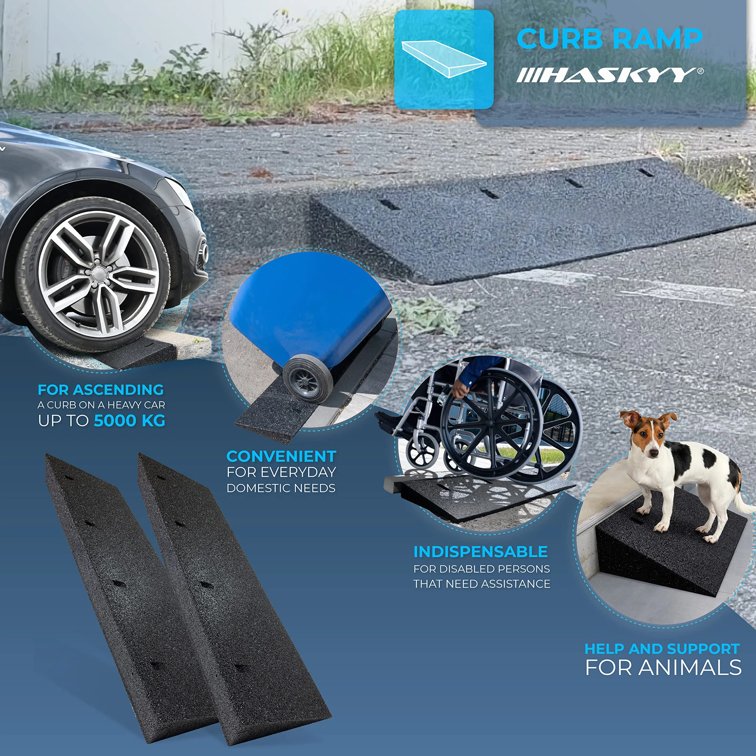 HASKYY Rampe Bordo in Gomma Riciclata Set di 2 Nera 1000x290x110 mm (LxHxP) – Accesso, Soglia, Sedia a Rotelle, Auto, Camper, Carrello