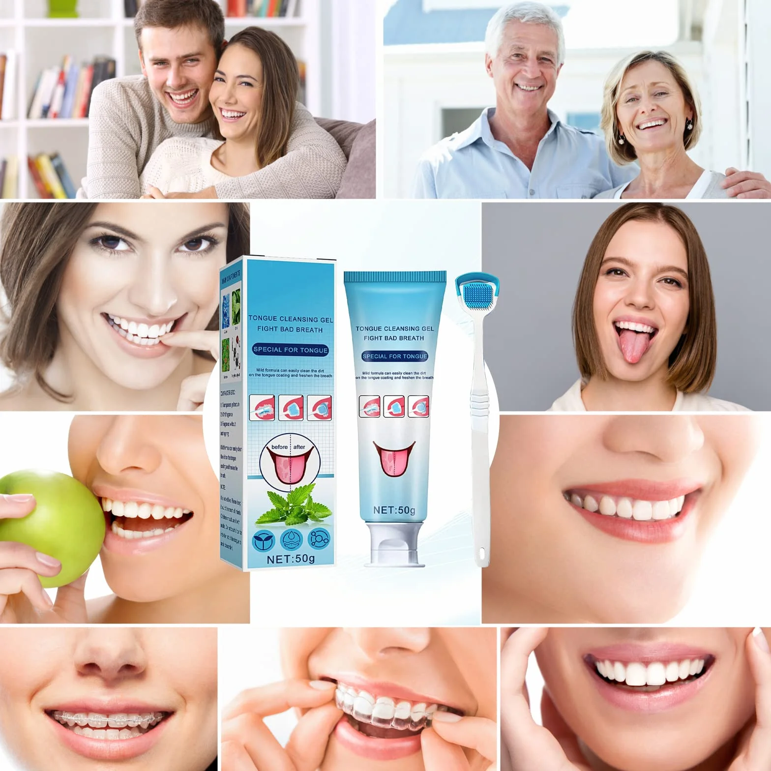 Pulisci Lingua 50g Gel + Spazzolino Lingua Pulitore Alitosi Fresh Breath Tongue Cleaner Oral Care