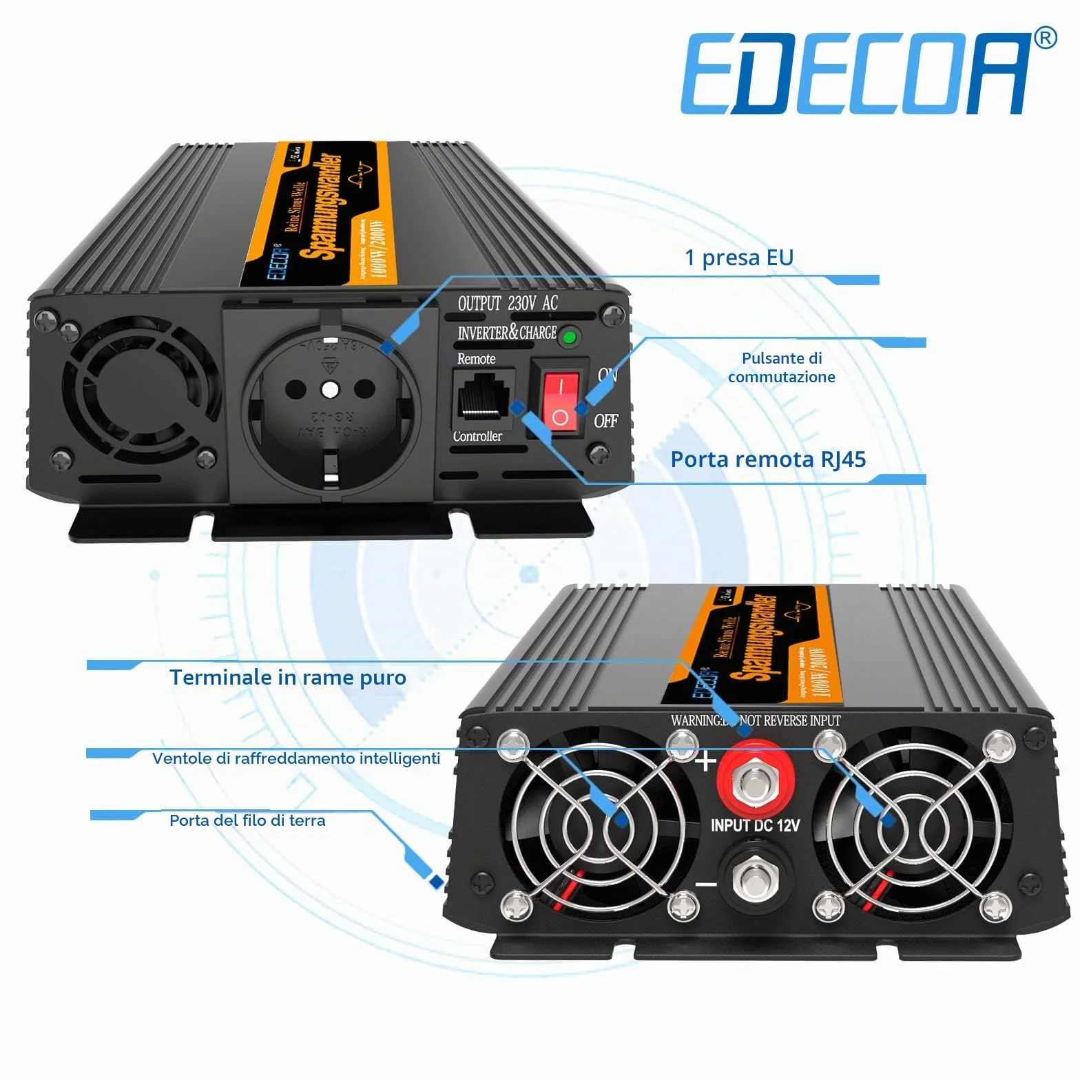 EDECOA Inverter 12V 220V Onda Pura 1000W USB Telecomando Convertitore di Potenza Isolamento Galvanico 3a Generazione