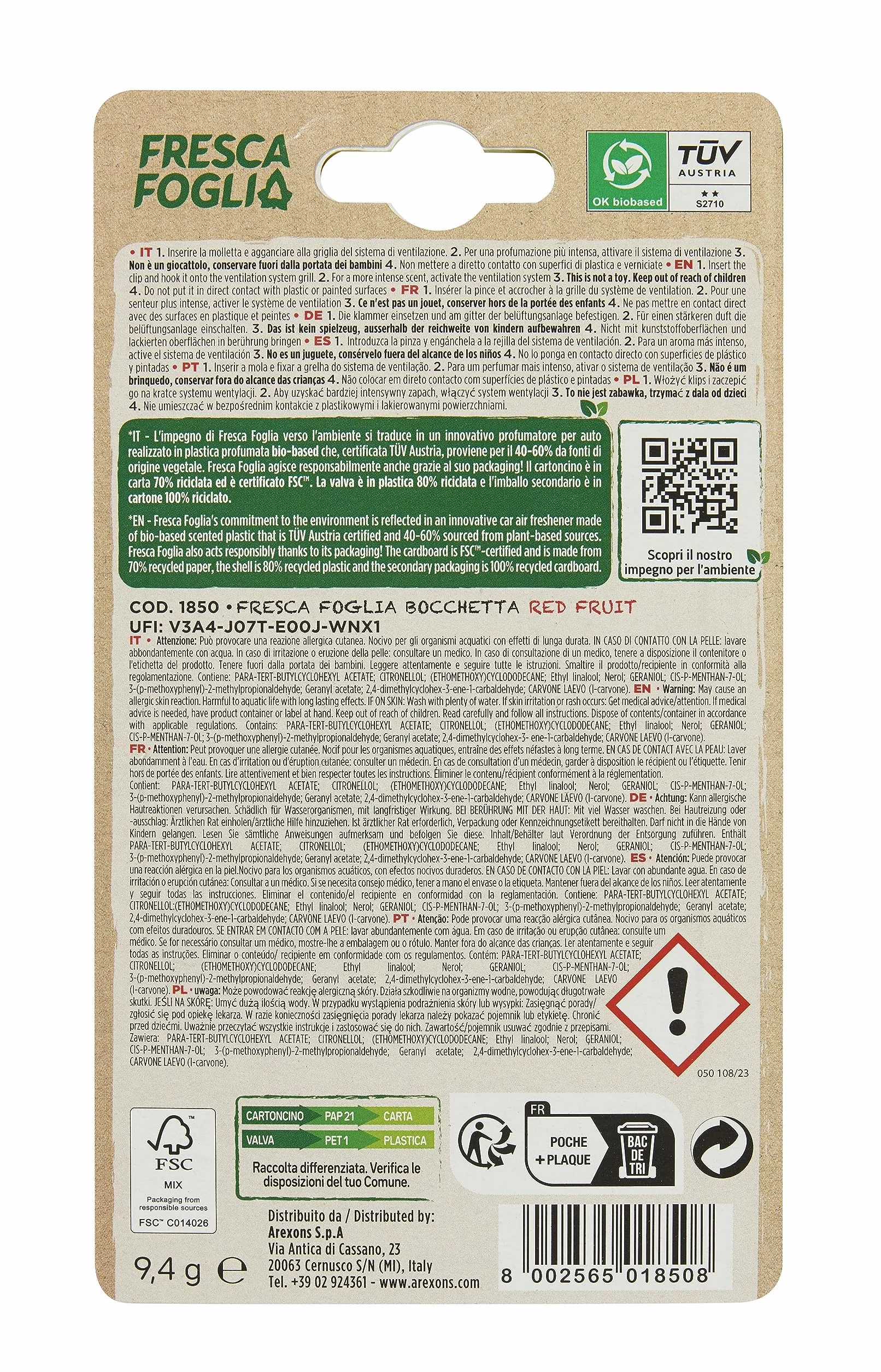 AREXONS Fresca Foglia Bocchetta Profumatore Auto Gusto Red Fruit con Plastica Profumata Bio-Based 30 Giorni