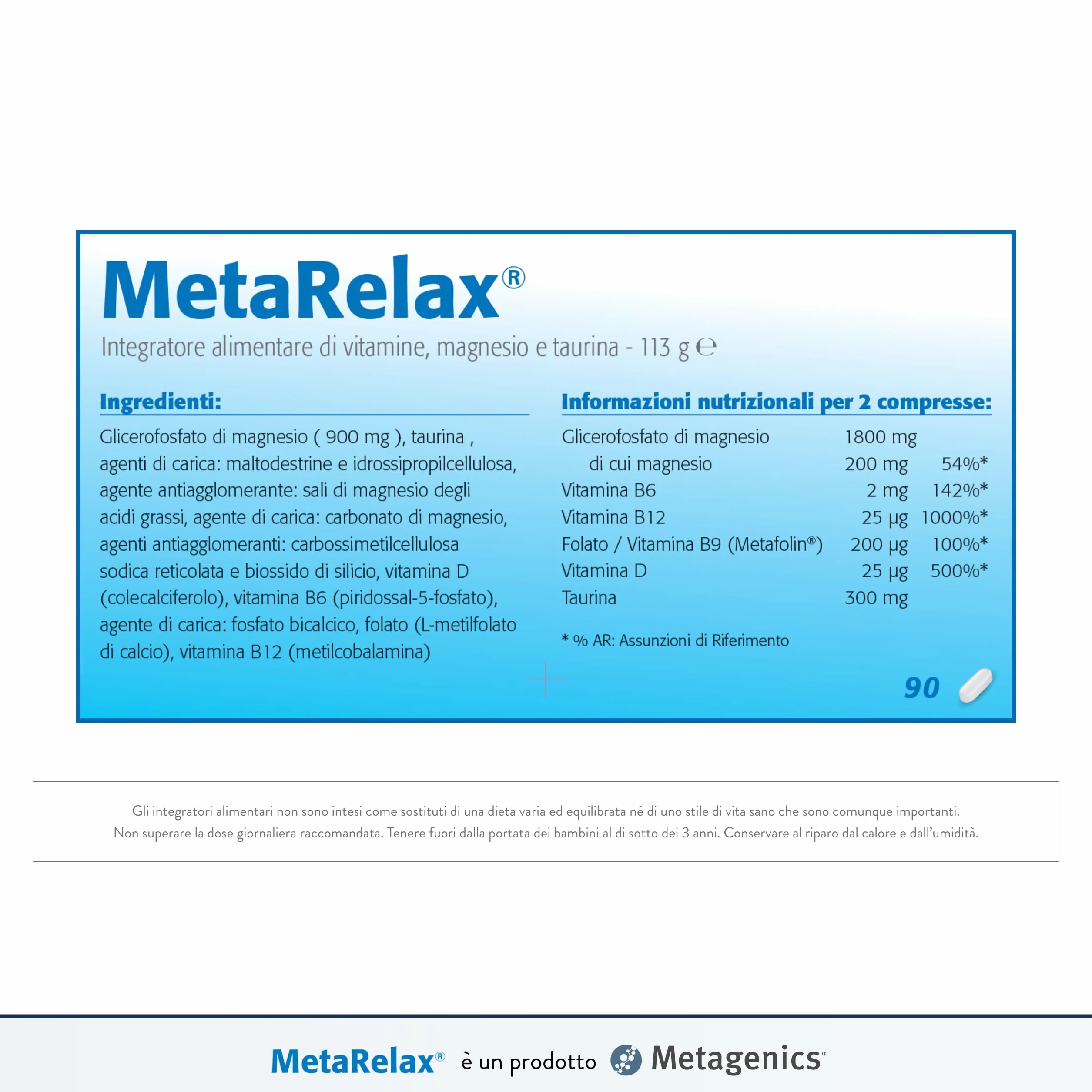 Metagenics MetaRelax Integratore di Magnesio con Vitamine B6, B12, Folato e Taurina 90 Compresse
