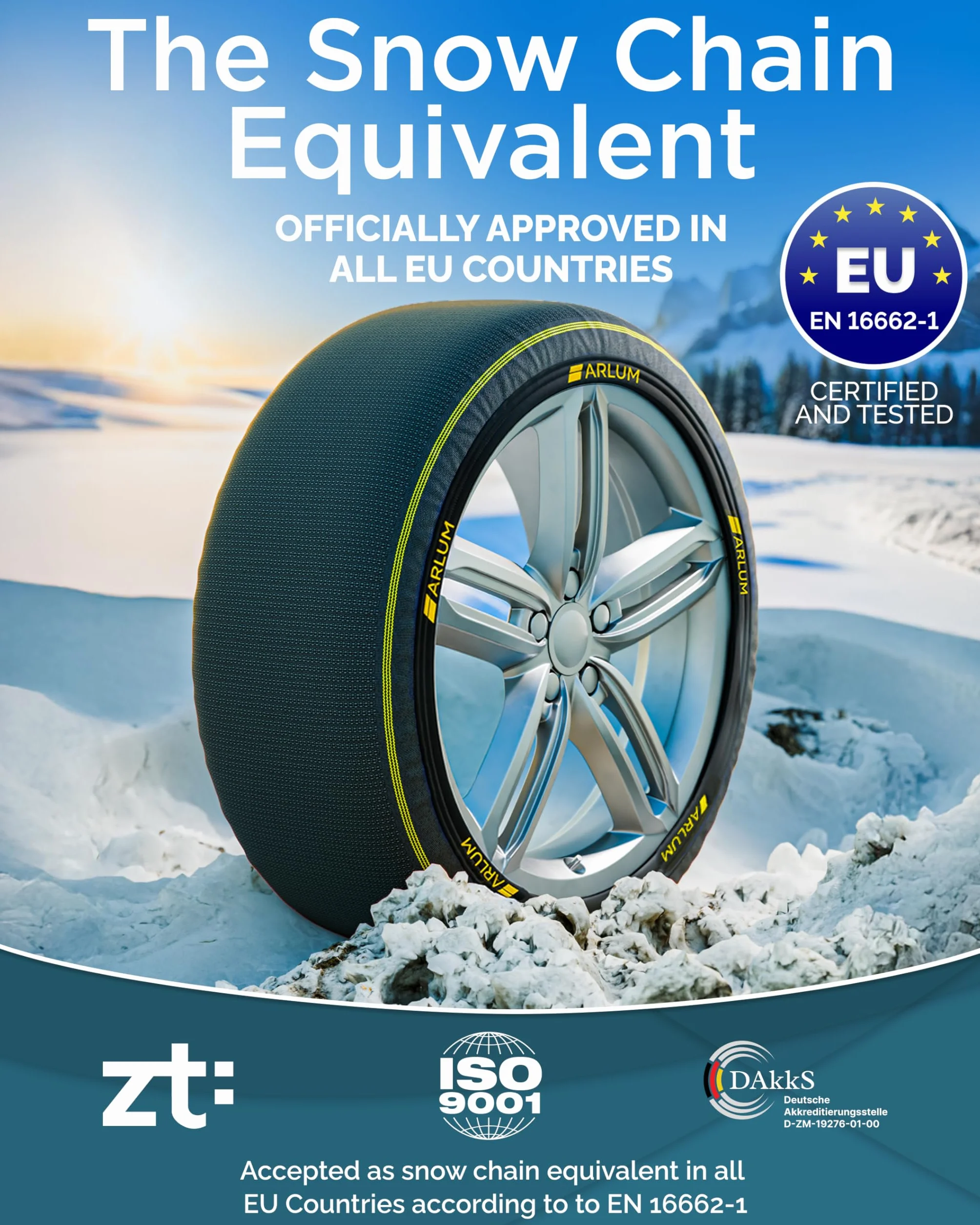 ARLUM Calze da Neve Omologate Italia EN 16662-1 /// ArcticPro Catene da Neve in Tessuto, Facili da Installare, per una Guida Silenziosa e Massima Sicurezza - Misure Dett. All’interno (ArcticPro, M)