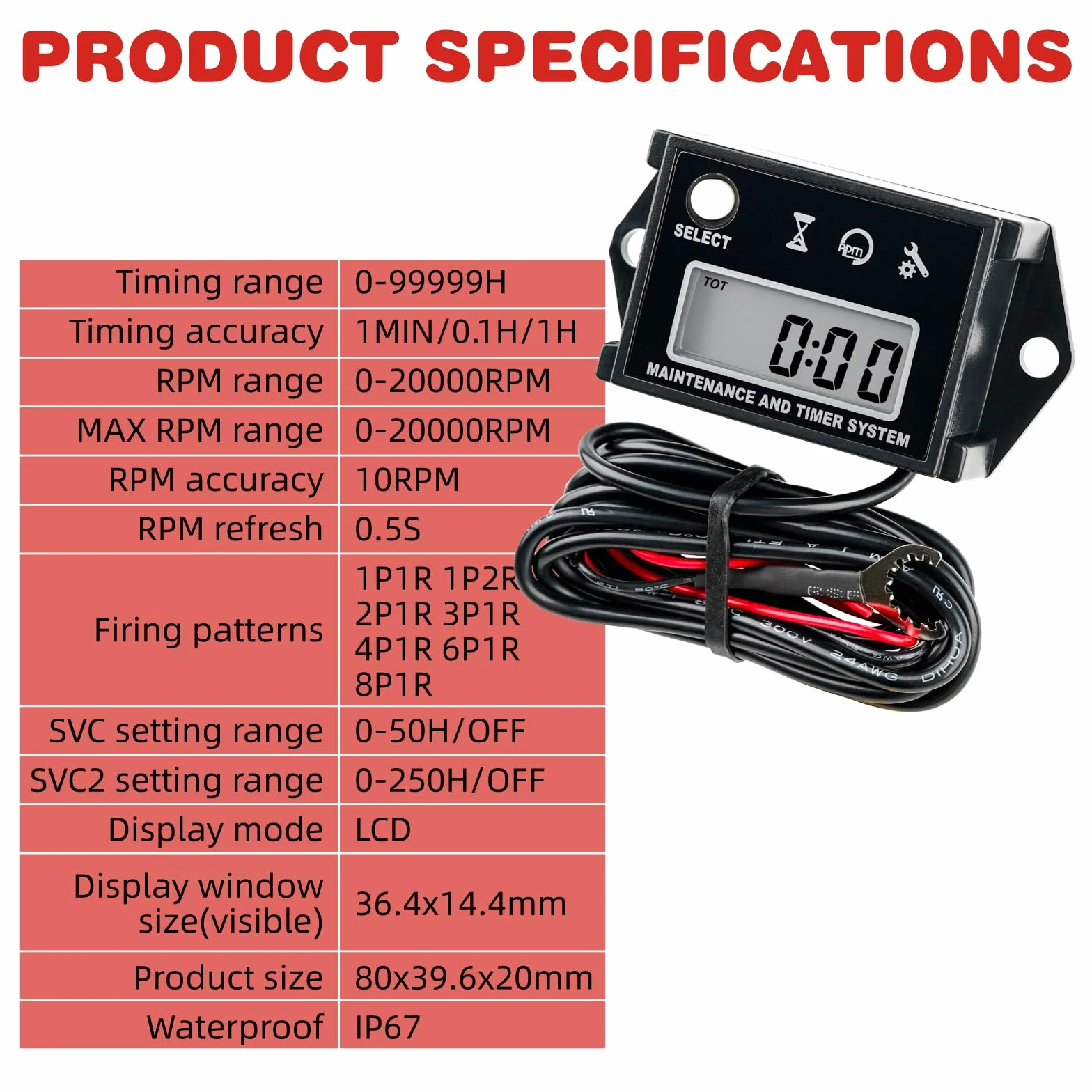 RQ-HM026C Tachimetro digitale, ore totali, promemoria SVC, impermeabile IP68, per motori a benzina come tosaerba, trattori, moto d'acqua, imbarcazioni marine, motori fuoribordo (nero)