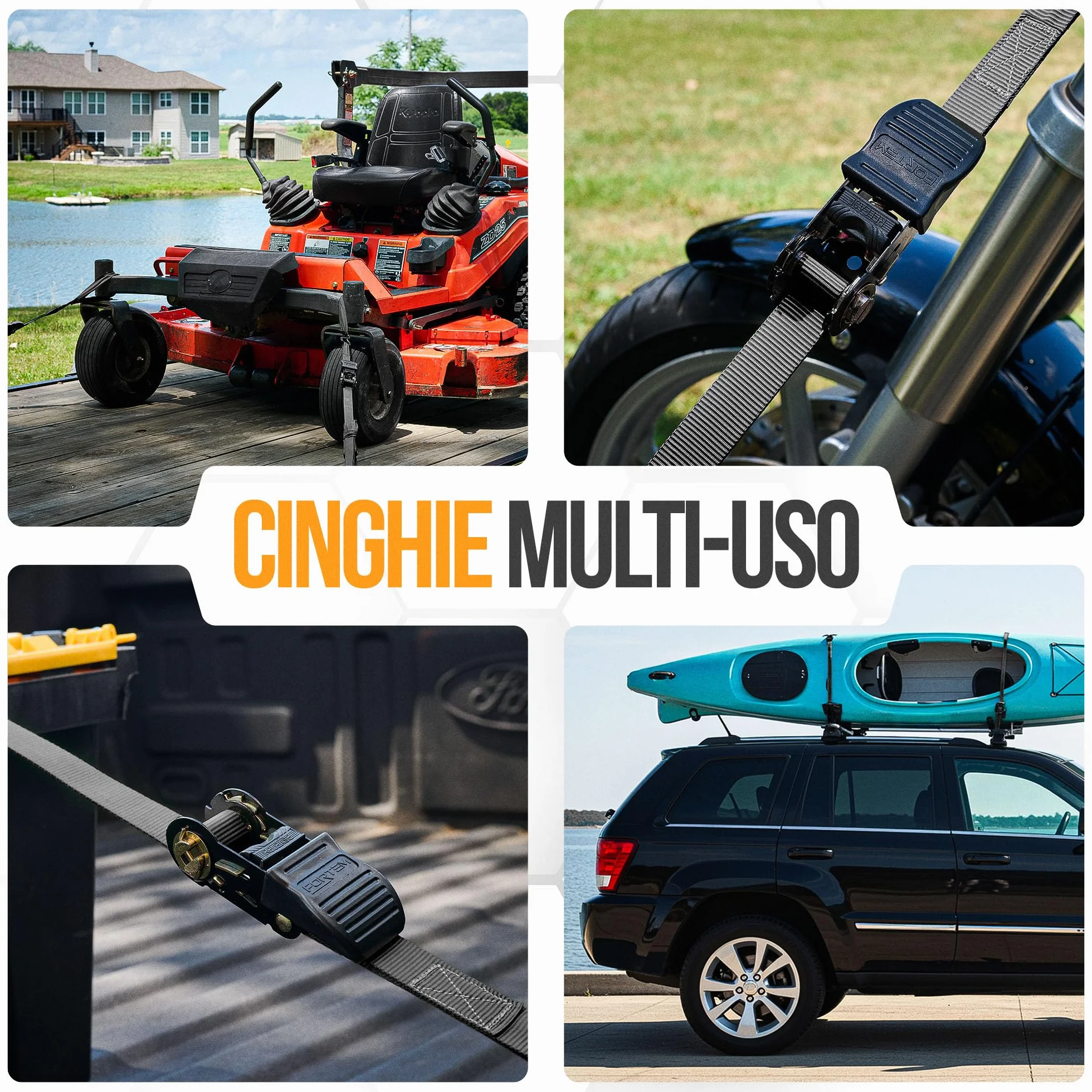 FORTEM Cinghie a Cricchetto Set da 4, Resistenza 748 Kg, 4,57 m, Ganci in Metallo, Custodia Inclusa, Nero