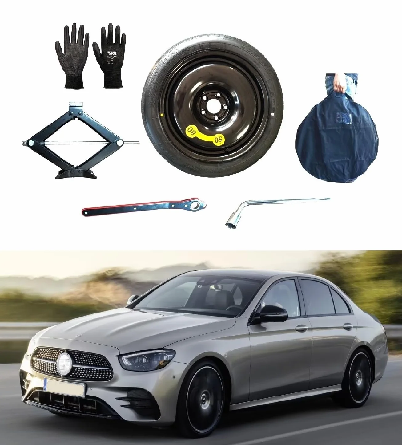 Kit Ruotino di Scorta 17" compatibile Mercedes Classe E (2016) Cric Chiave Guanti Sacca