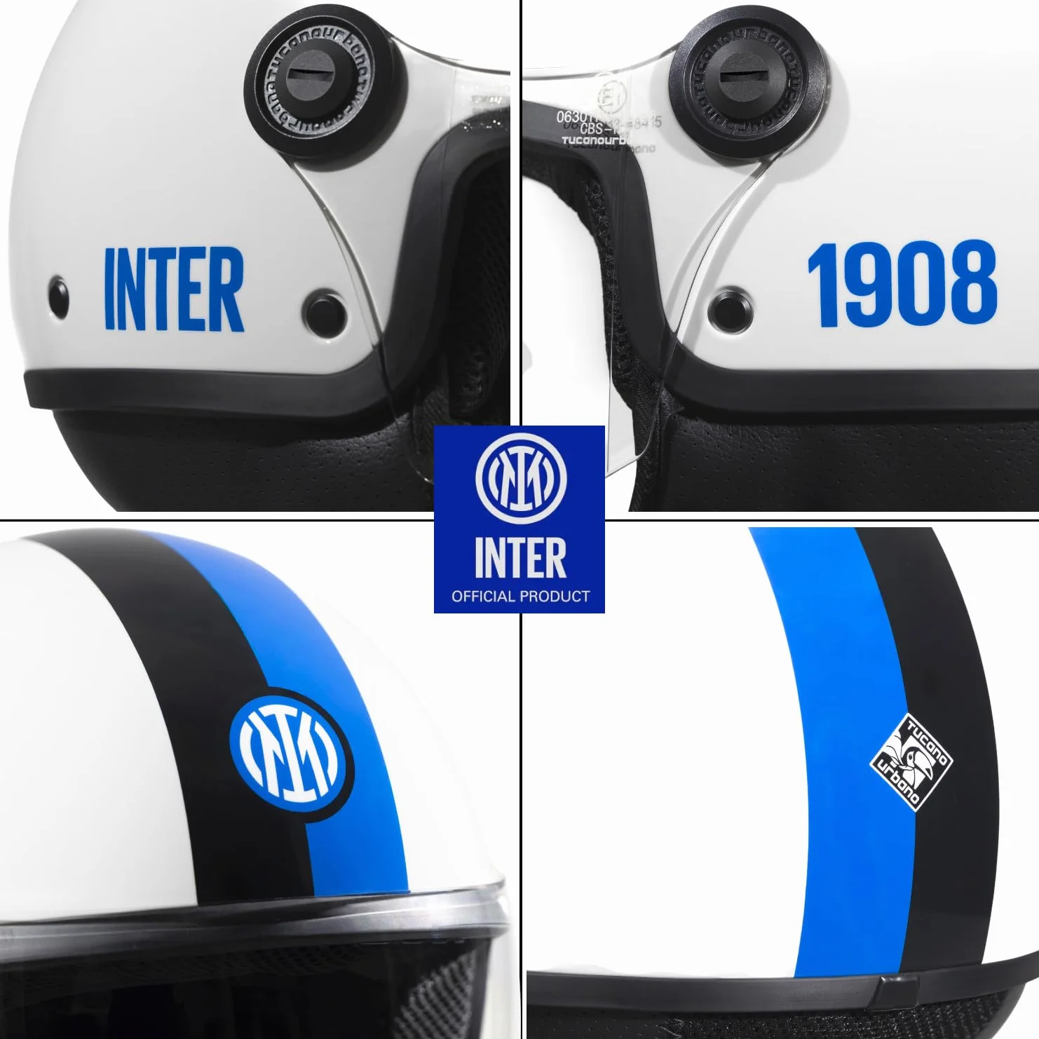 Tucano Urbano casco demi jet unisex EL'JETTIN INTER. Casco moto in policarbonato con grafica originale Inter FC. Casco estate inverno omologato ECE 22.06. Prodotto con Licenza Ufficiale.