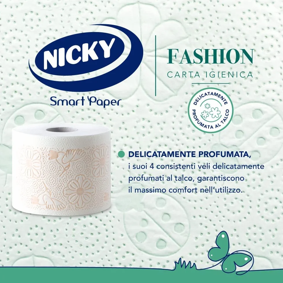 Nicky Fashion Carta Igienica 4 Rotoli 165 Fogli 4 Veli 3 Texture Colori Profumo Talco FSC