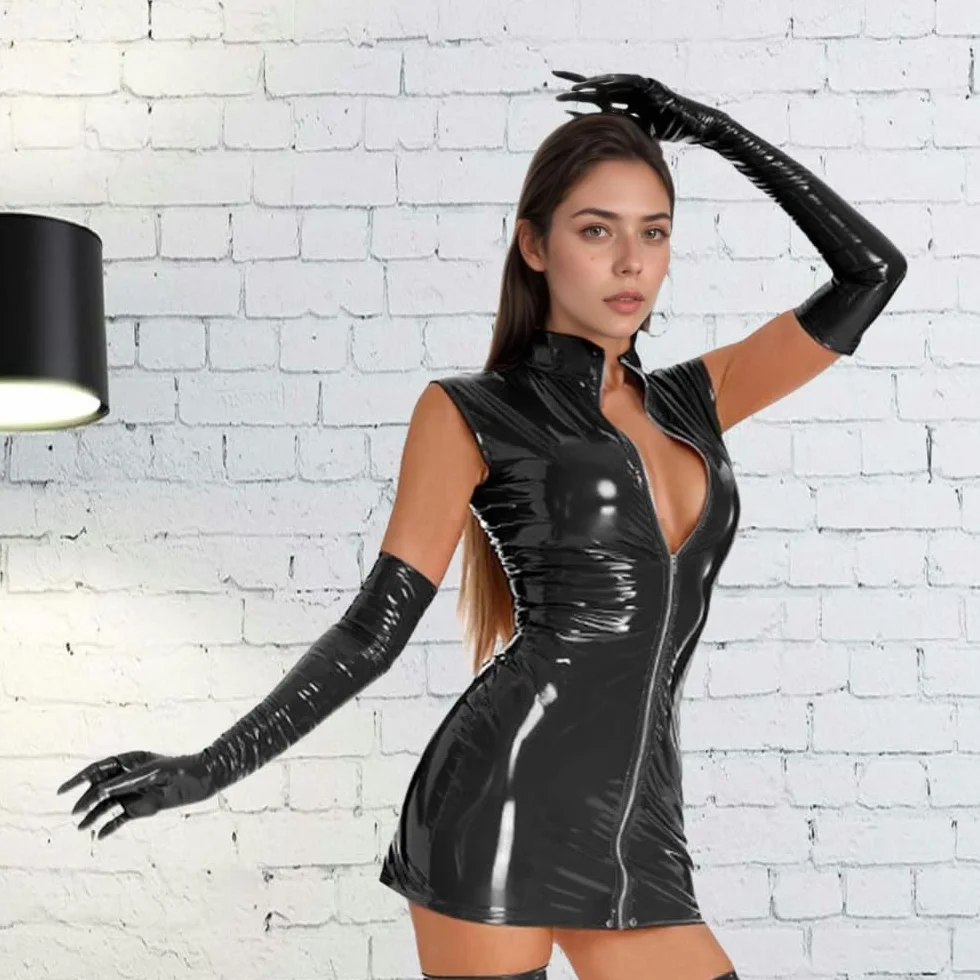 Donna Sexy Pelle Mini Vestito Cerniera Frontale Babydoll Latex Wetlook Camicia Notte Clubwear Elasticità Senza Maniche Miniabito Metallizzato Aderente Catsuit Cocktail Discoteca Costume
