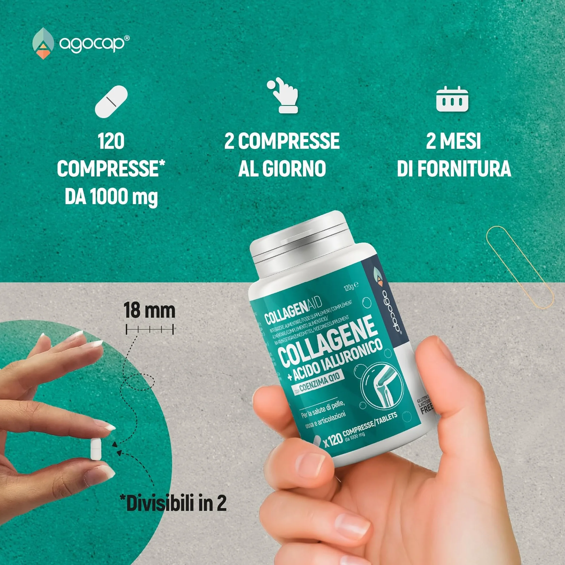Collagene e Acido Ialuronico 120 Compresse con Coenzima Q10 1000mg Integratore