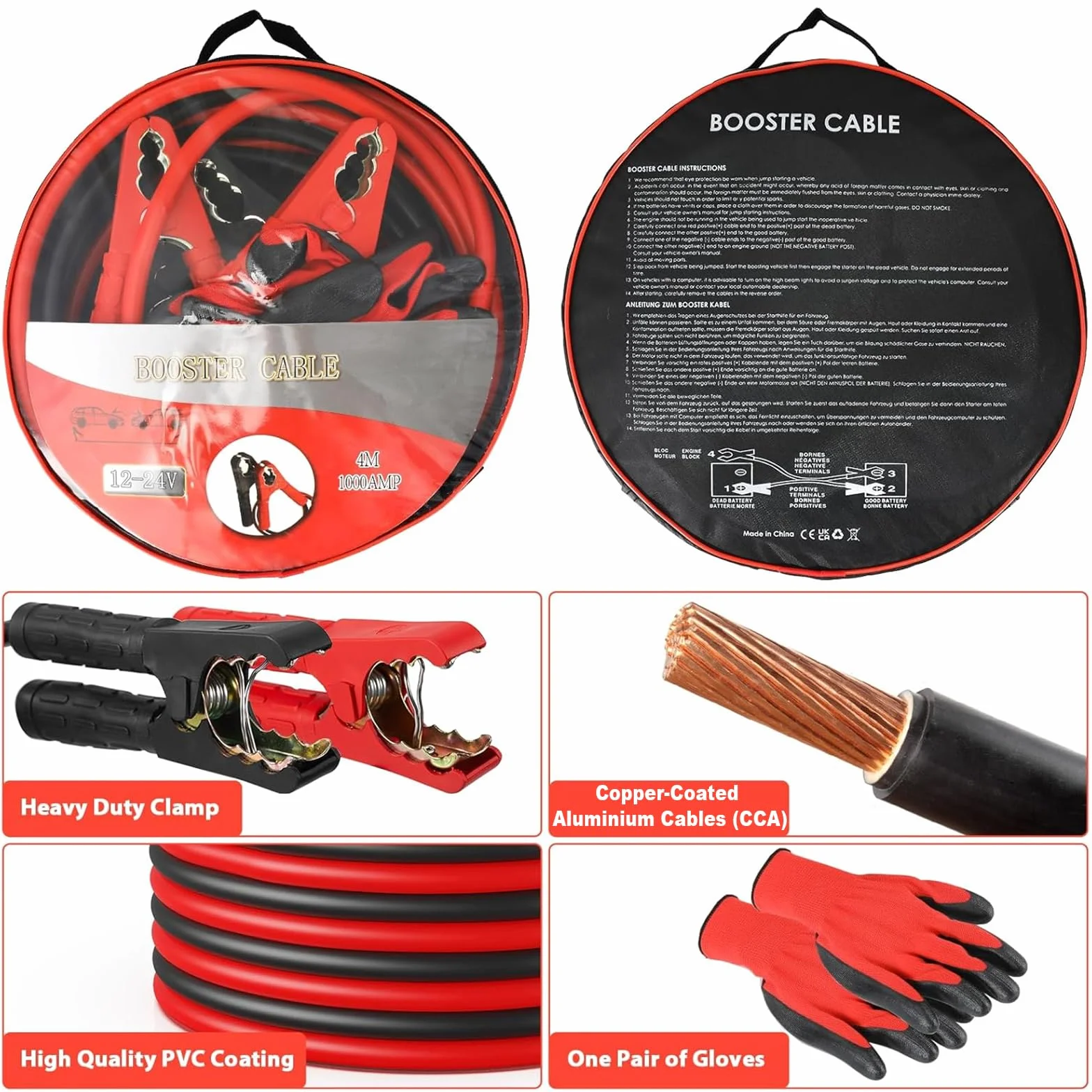 TLGREEN Cavi Avviamento Auto 4M 1000A 12V-24V 30mm² con Guanti e Borsa