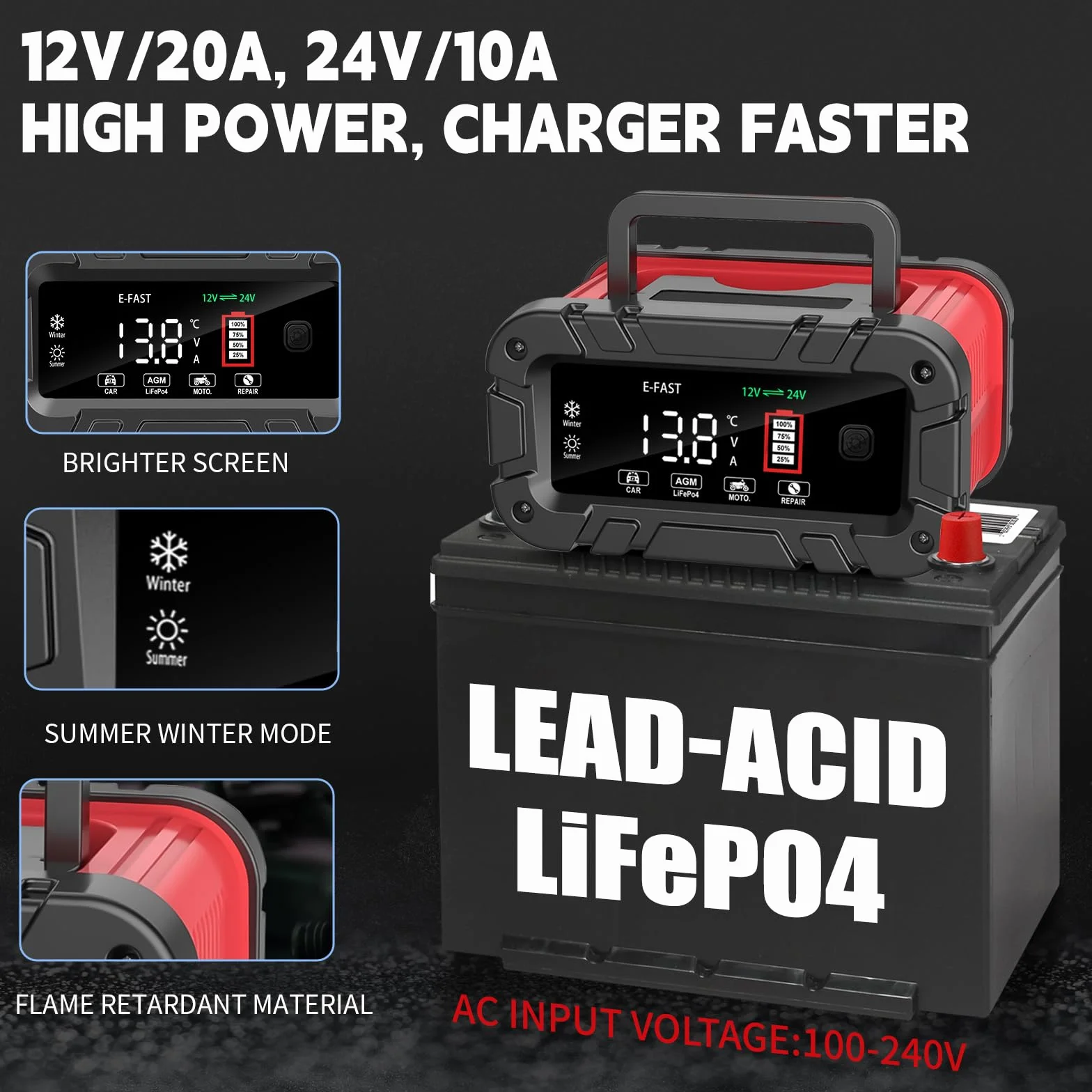 Caricabatteria da Auto 12V/24V Automatico con Display LCD, Intelligente per Batterie AGM/LiFePO4