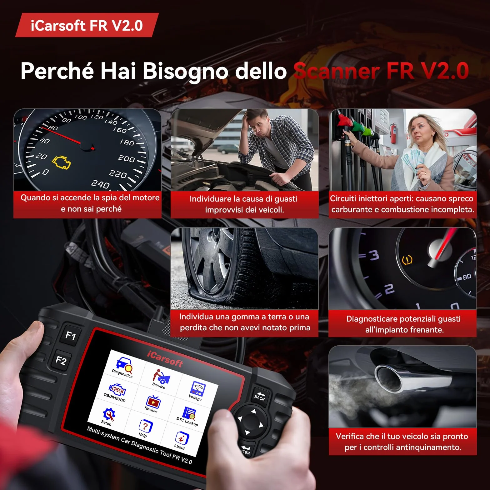 iCarsoft FR V2.0 OBD2 Diagnostica Auto Francesi e Italiani, Tutti i Sistemi, 9 Funzioni Ripristino, Aggiornamento a Vita