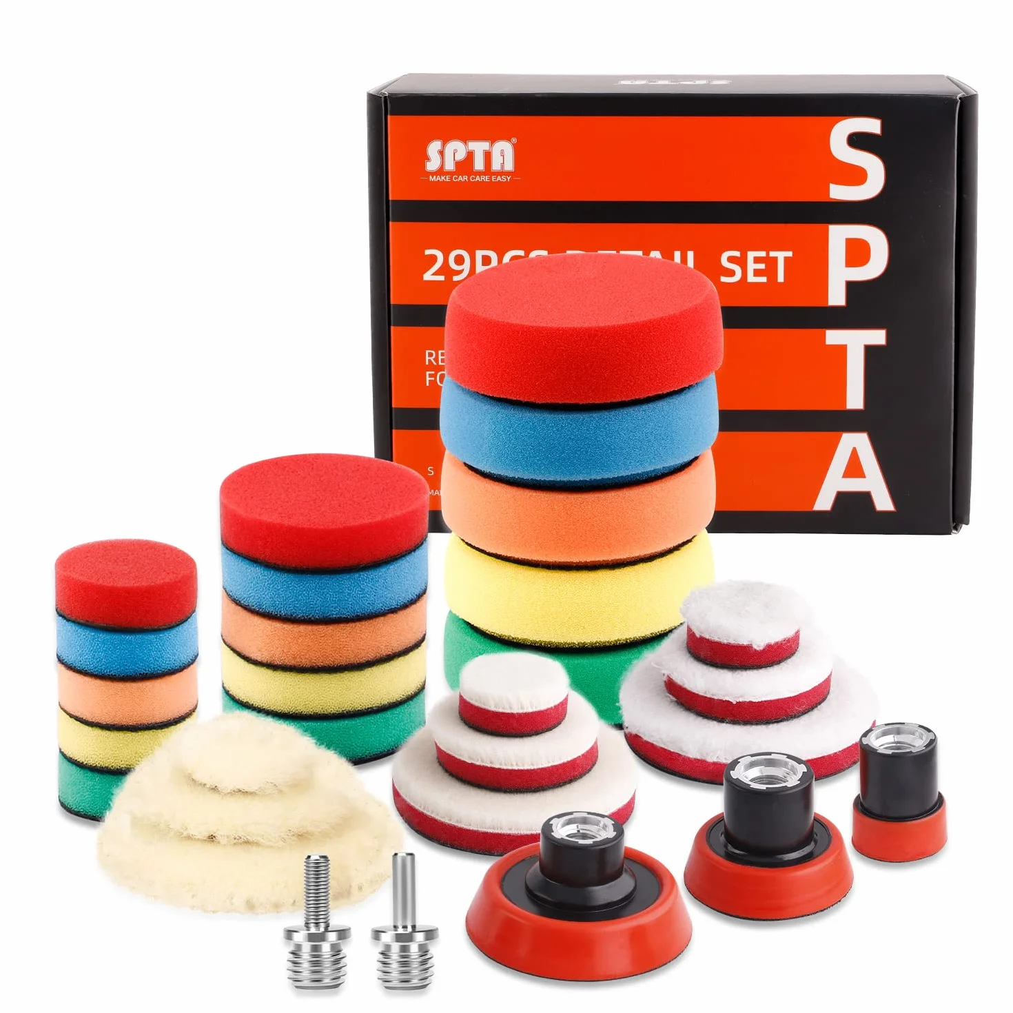 SPTA 29 Pezzi Spugne di Cera per Lucidatura Auto, 25mm/50mm/80mm, Set con Adattatore M14 per Lucidatrice