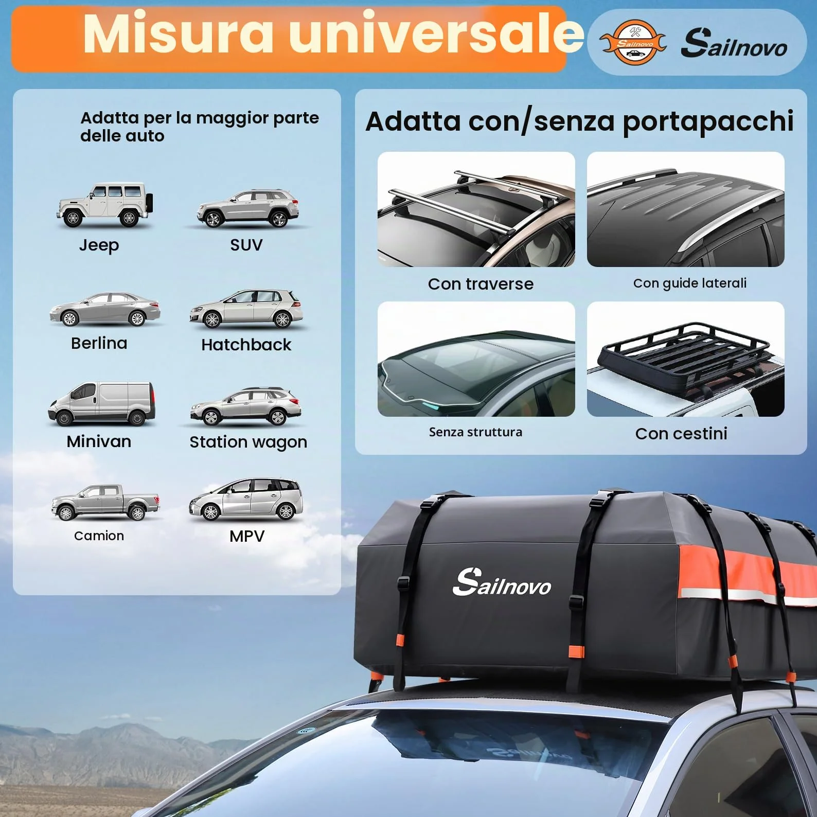 Sailnovo Box Tetto Auto Impermeabile 595L 1000D PVC, Portabagagli Auto Tetto con Tappetino Antiscivolo, 6 Ganci Portiere, Serratura Combinazione - Compatibile con/senza Barre Portatutto