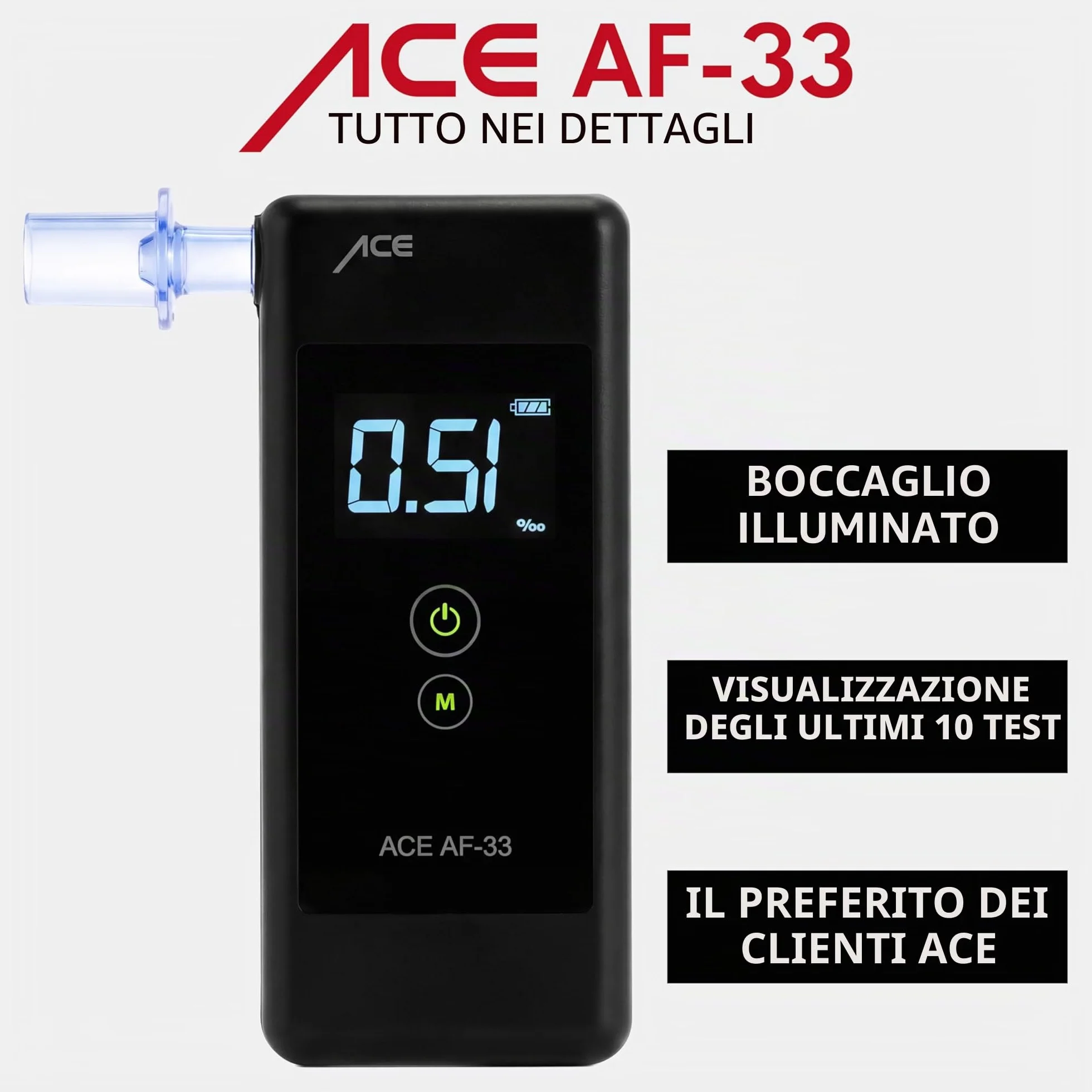 Etilometro ACE AF-33 test alcolimetrico 1,1 accuratezza 95,8% TU Vienna