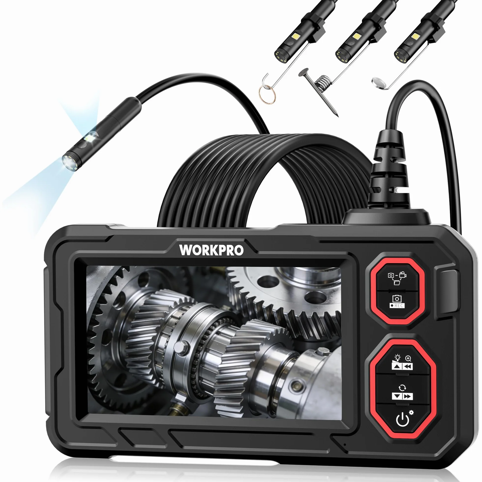 WORKPRO Endoscopio 4.3" HD 1080P IP67 Impermeabile 8+1 LED Sonda 8mm Cavo Semirigido 5m Ispezione