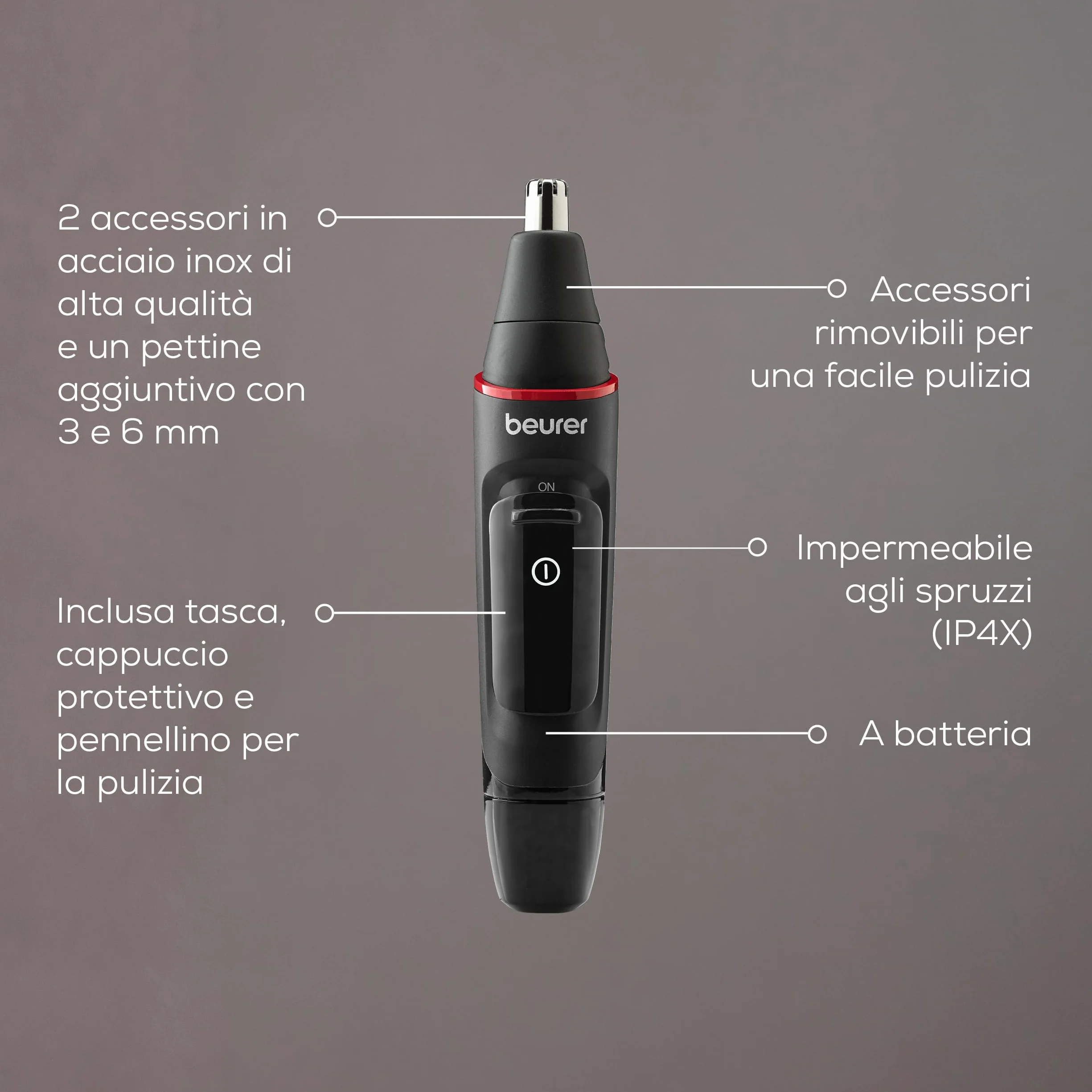 Beurer MN3X Rifinitore di precisione a batteria per naso, orecchie e sopracciglia con 3 accessori