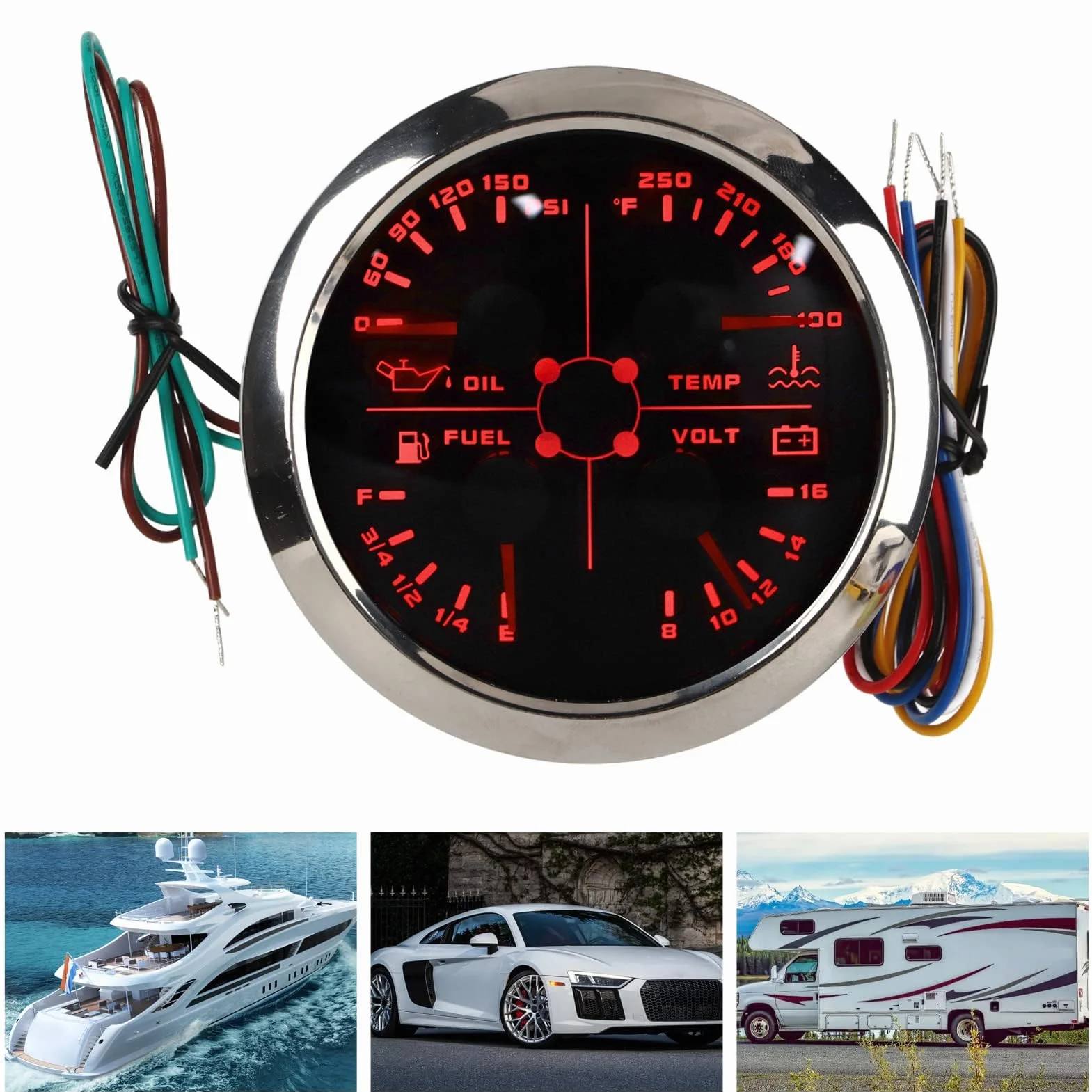 Keenso Indicatore Livello Carburante, 4in1 85mm Calibro Multifunzione Livello Carburante Pressione Olio Temperatura Acqua Voltmetro DC 9 a 32V per Auto RV Barca Moto (Nero °F/PSI)