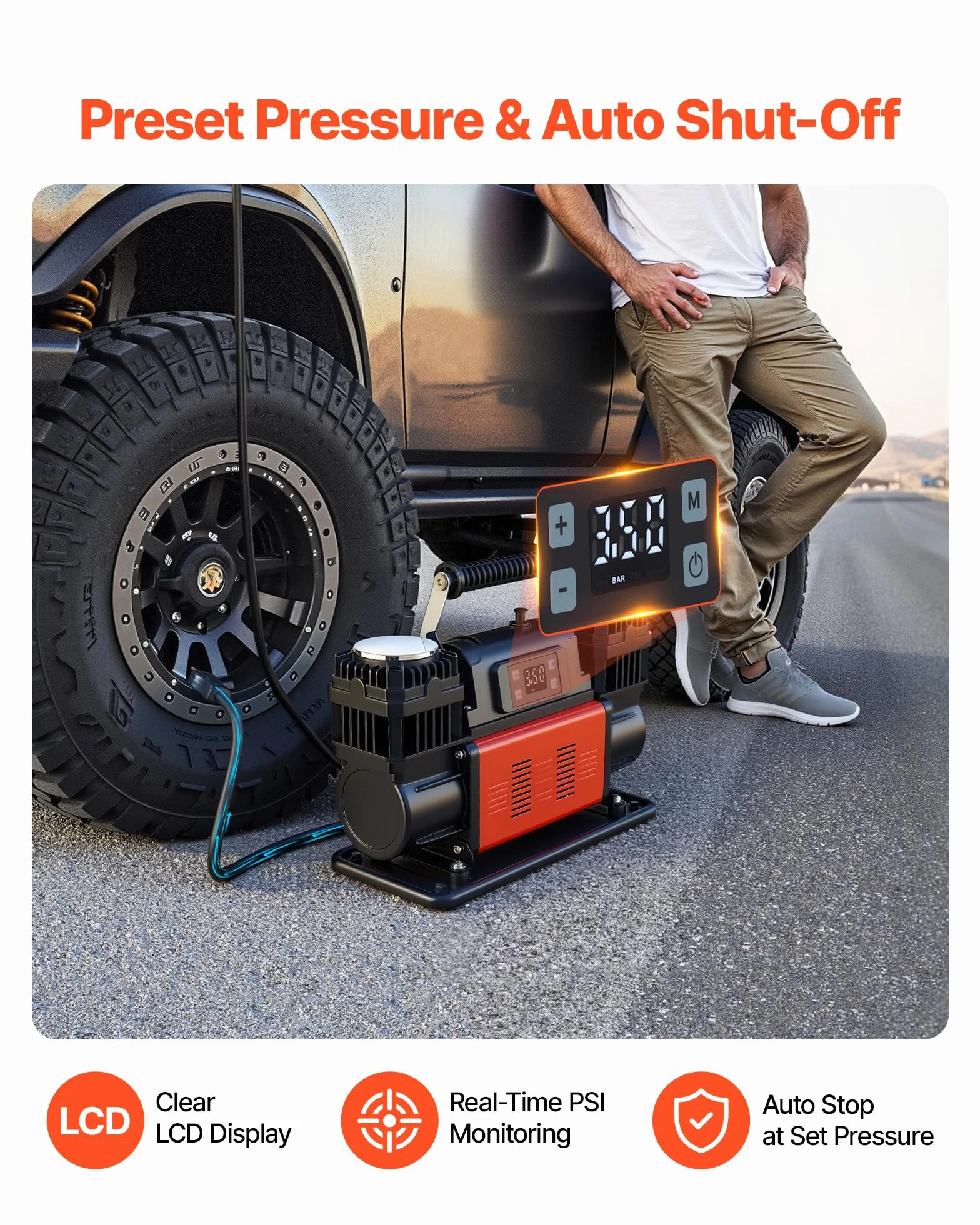 VEVOR Gonfiatore per Pneumatici Portatile con Arresto Automatico, Compressore d'Aria per Auto, Pompa dell'Aria Fuoristrada da 12 V con Display Digitale LCD e Adattatori per Camion, SUV, Camper