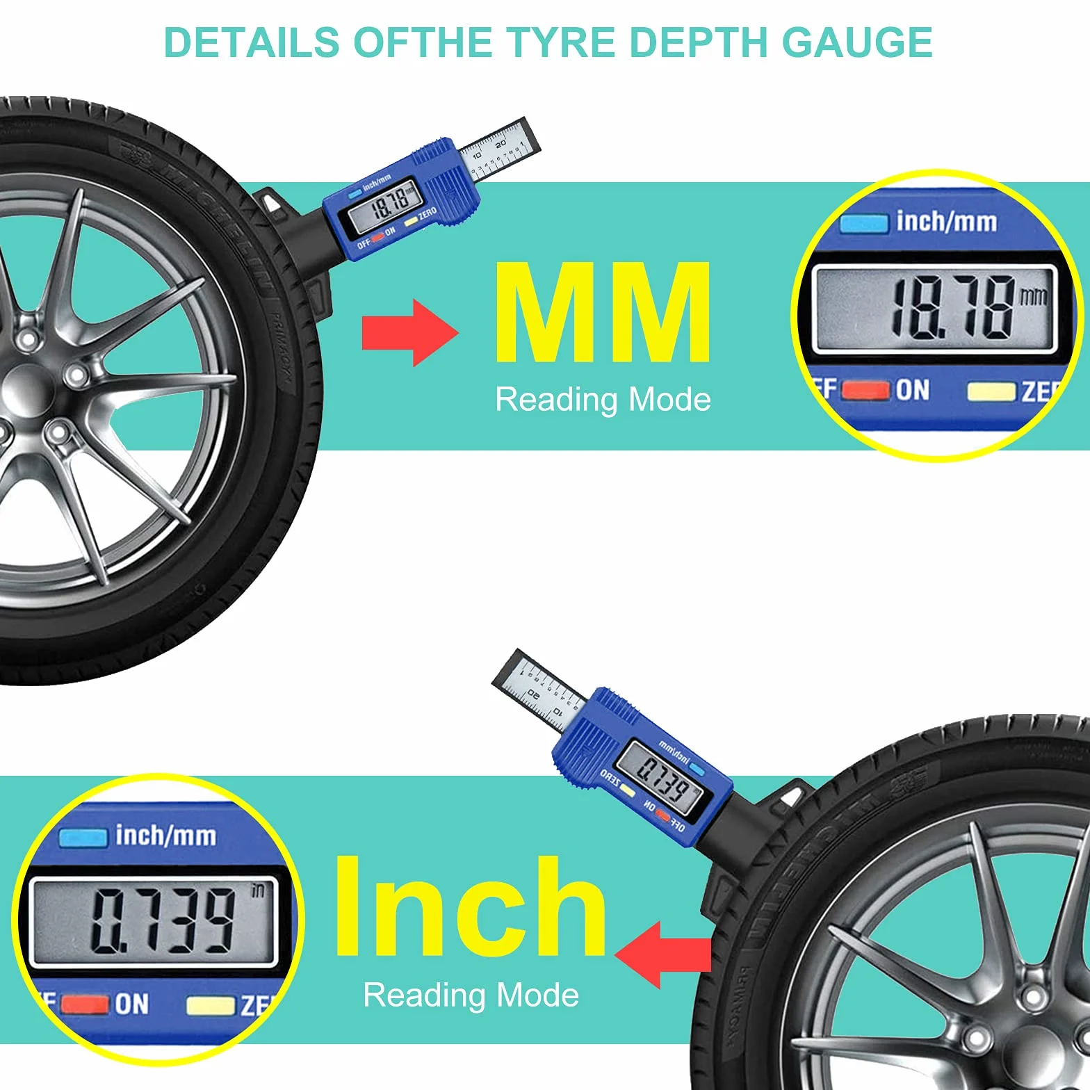 RUIZHI Digitale Misuratore di Profondità Battistrada 0-25,4mm LCD Display per Bicicletta, Auto, Camion, Moto (blu)