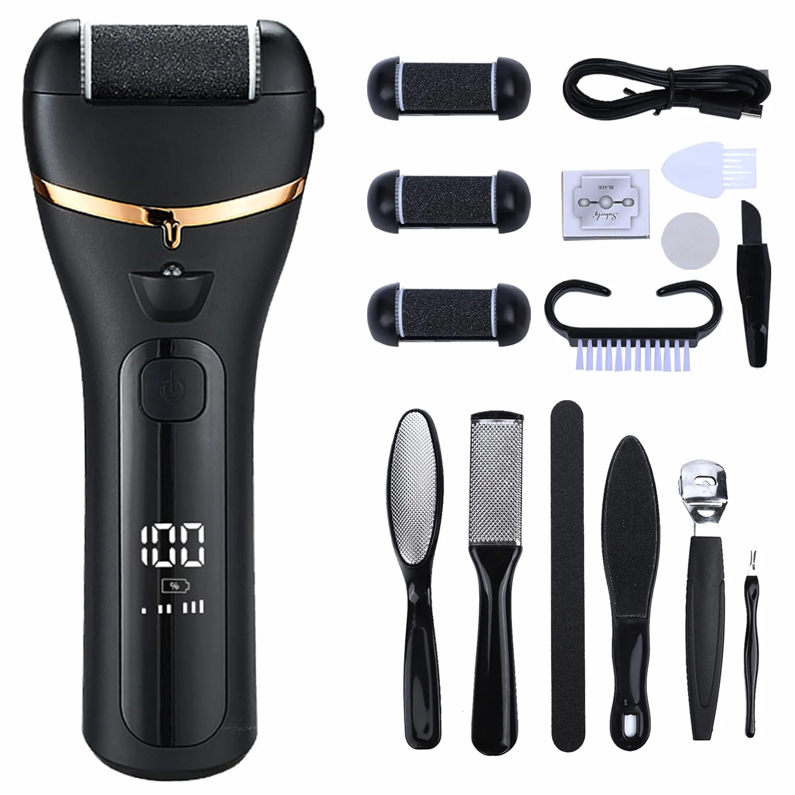 Pedicure elettrico professionale con 3 testine abrasive sostituibili, 3 velocità, rimuovi calli e talloni screpolati, nero