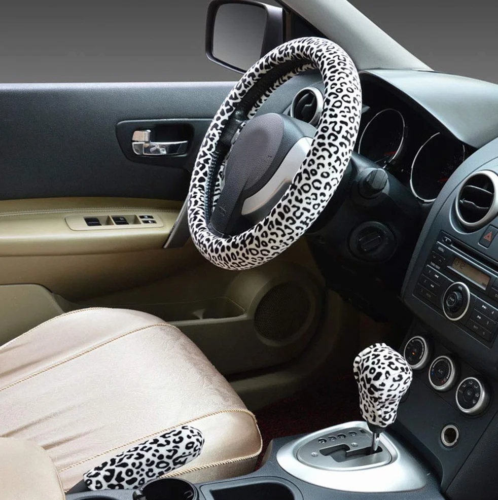 Coprivolanti 3 in 1 morbido leopardato per auto impugnatura freno a mano copri leva cambio corto caldo invernale per donna (Standard,bianco)