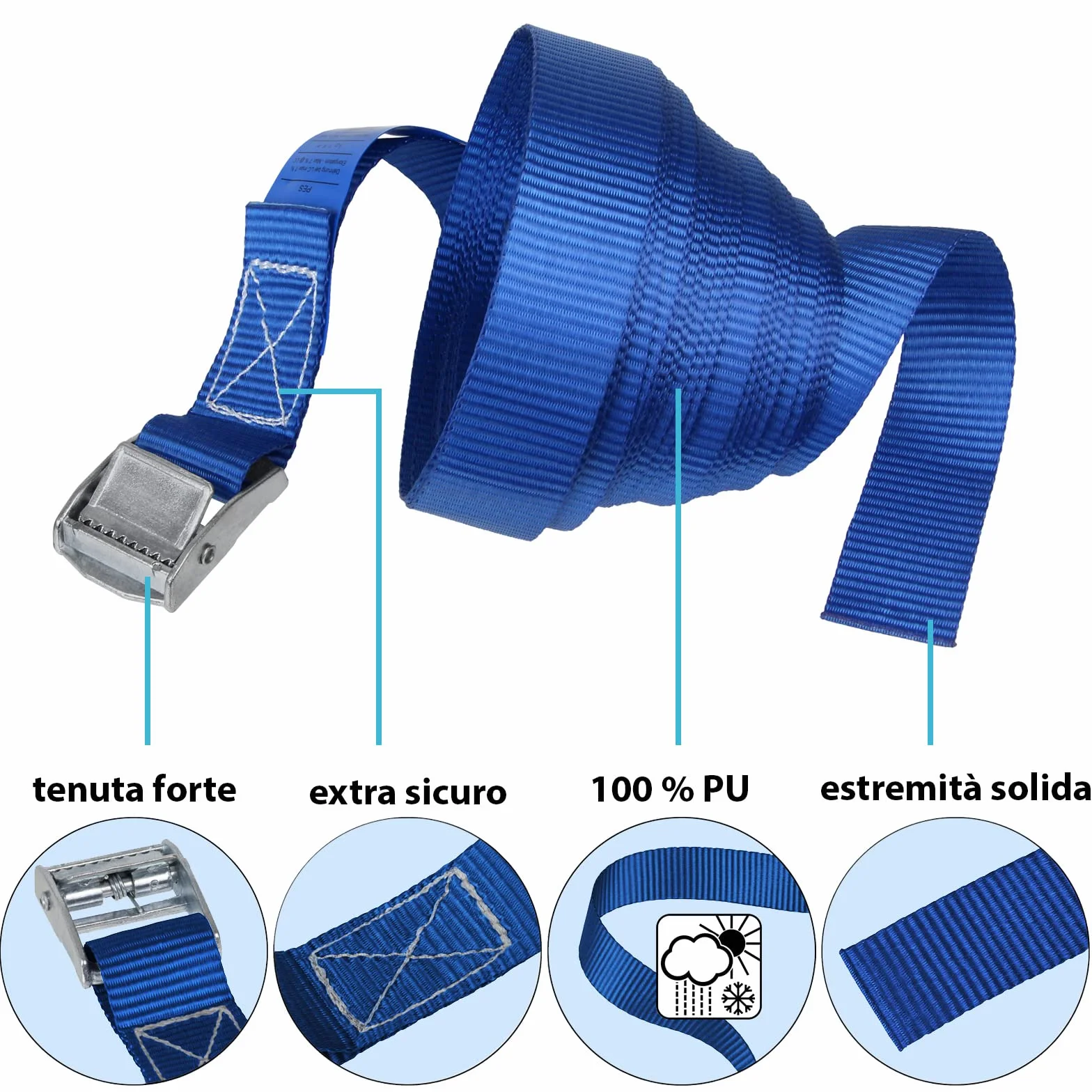 Cinghia di fissaggio Cinghie di tensione blu 1m 2,5m 4m 6m resistenza 250 kg DIN EN 12195-2 4 pezzi 2.5 cm x 4 m