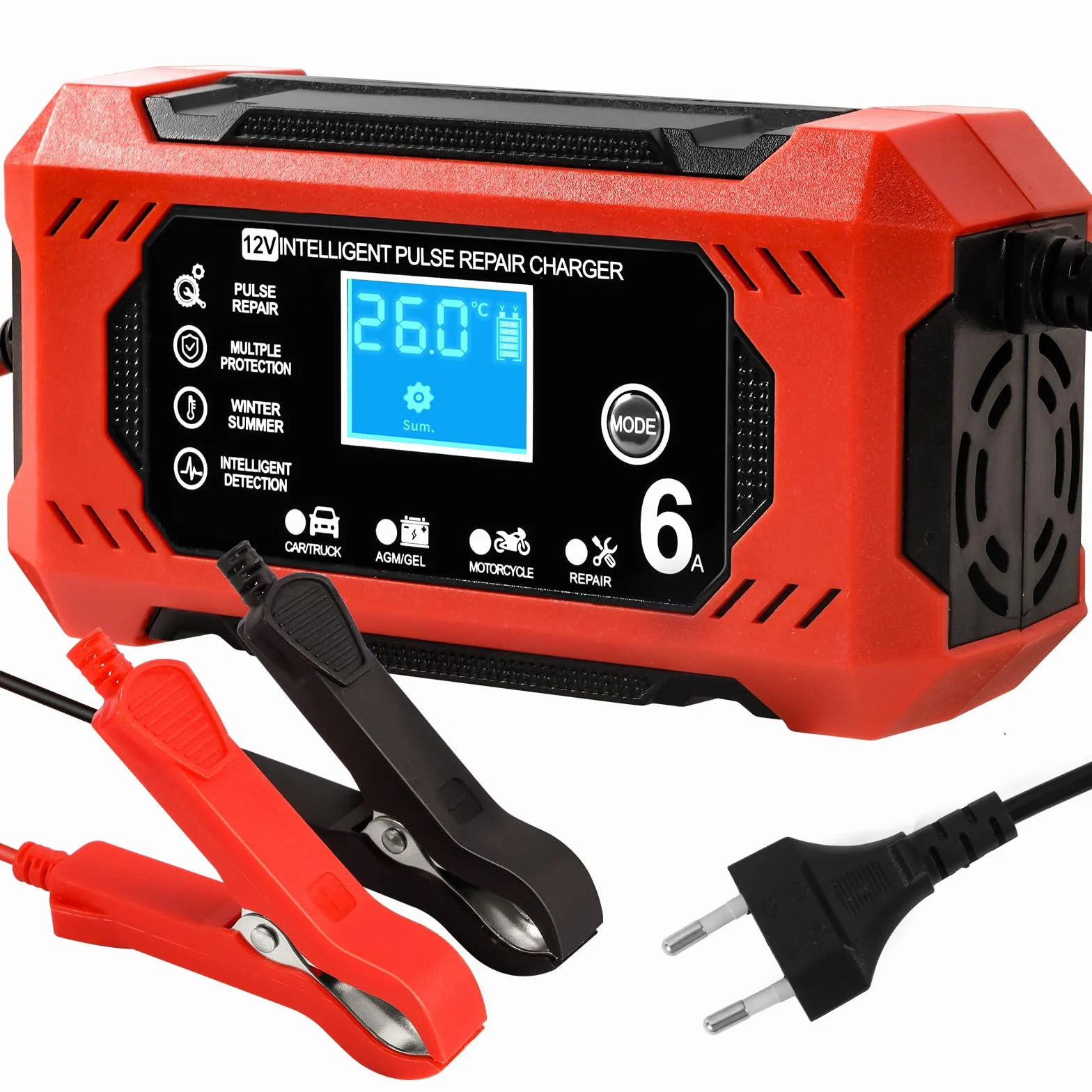 Caricabatterie Auto 6A 12V Mantenitore Batteria Moto con Schermo LCD per Auto Moto Barche AGM