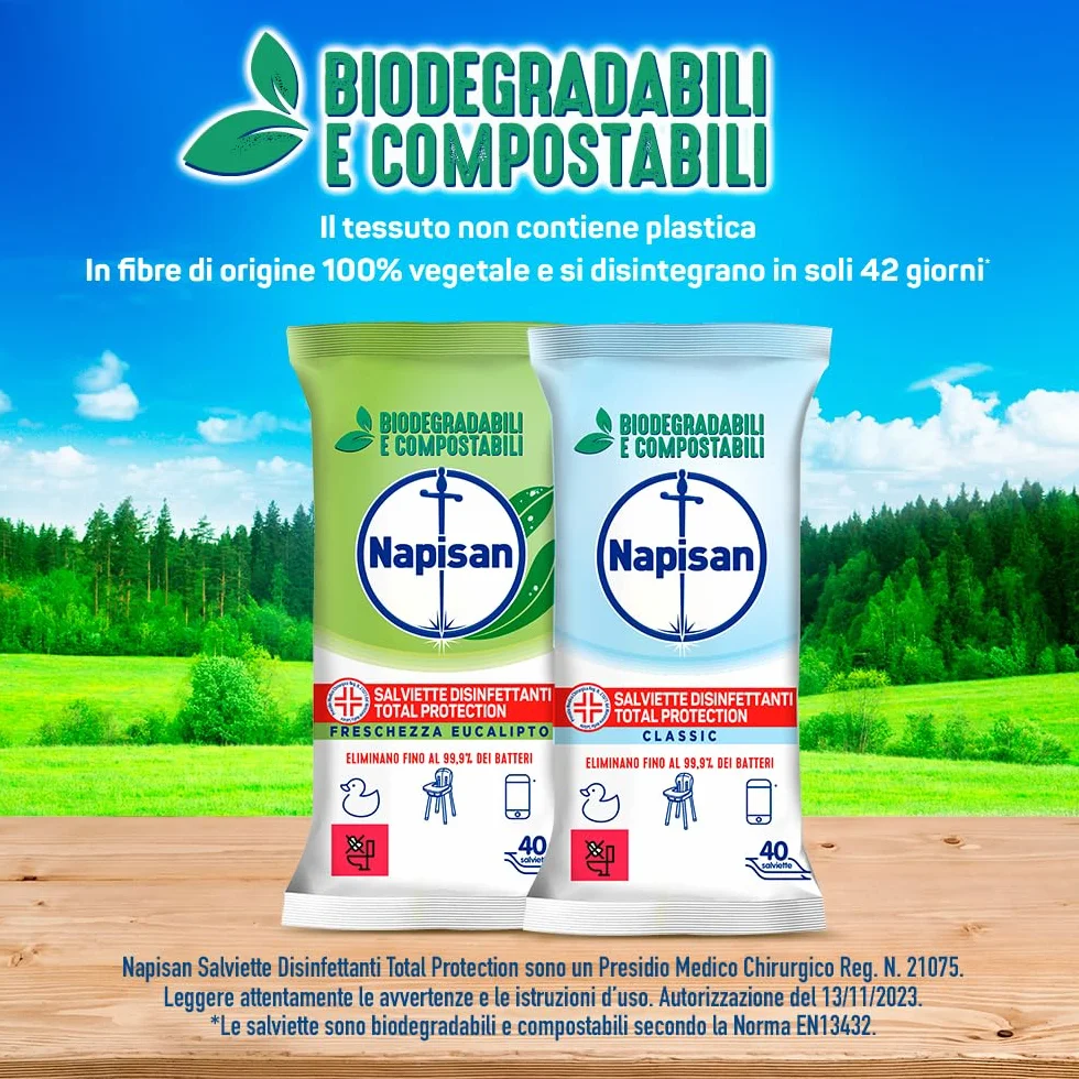 Napisan Salviette Disinfettanti Total Protectio, 40 Pezzi Multisuperfici Biodegradabili