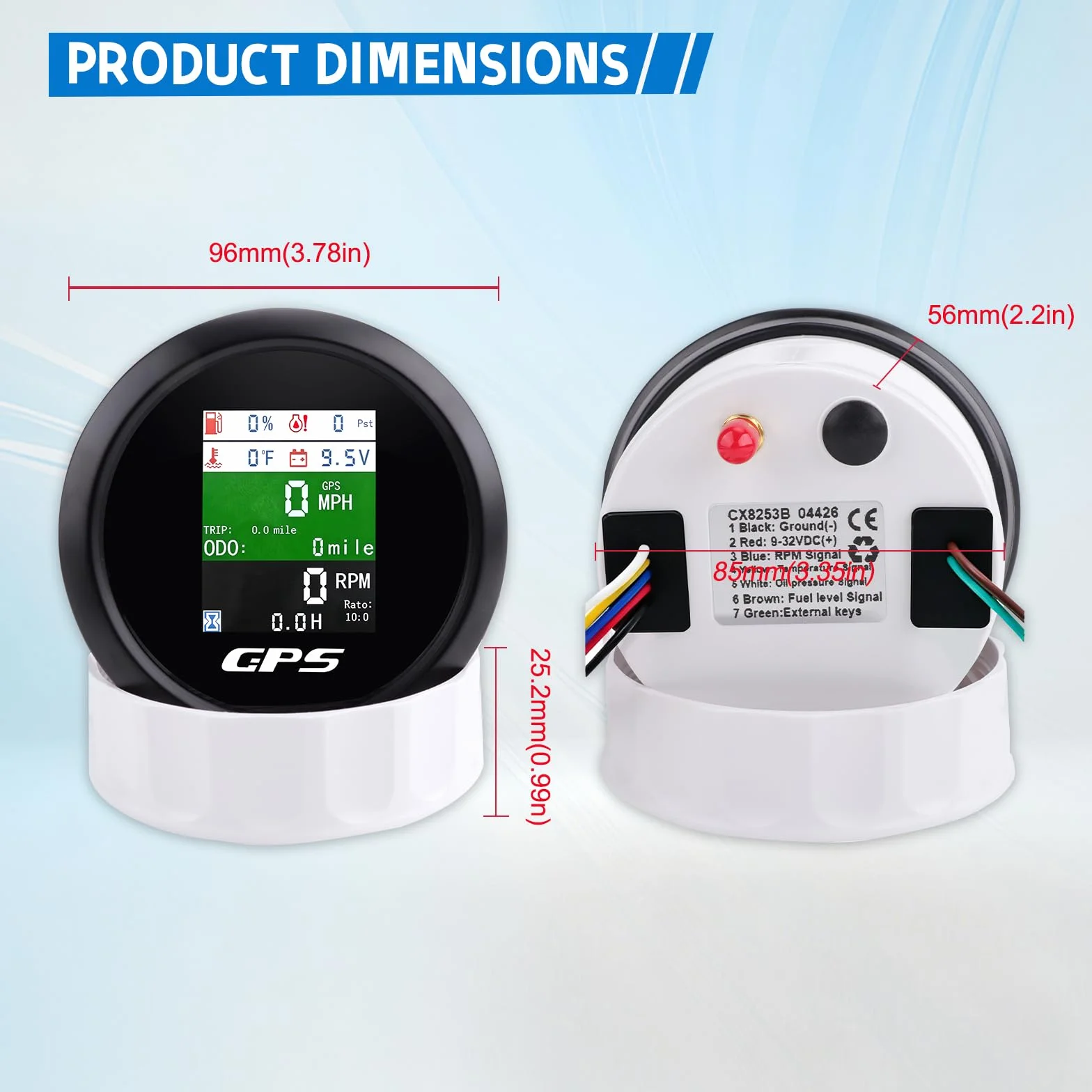 Tachimetro GPS 85 mm 6 in 1 Multifunzione Digitale Tachimetro Contagiri Voltmetro Indicatore Livello Carburante Temperatura Acqua e Pressione Olio