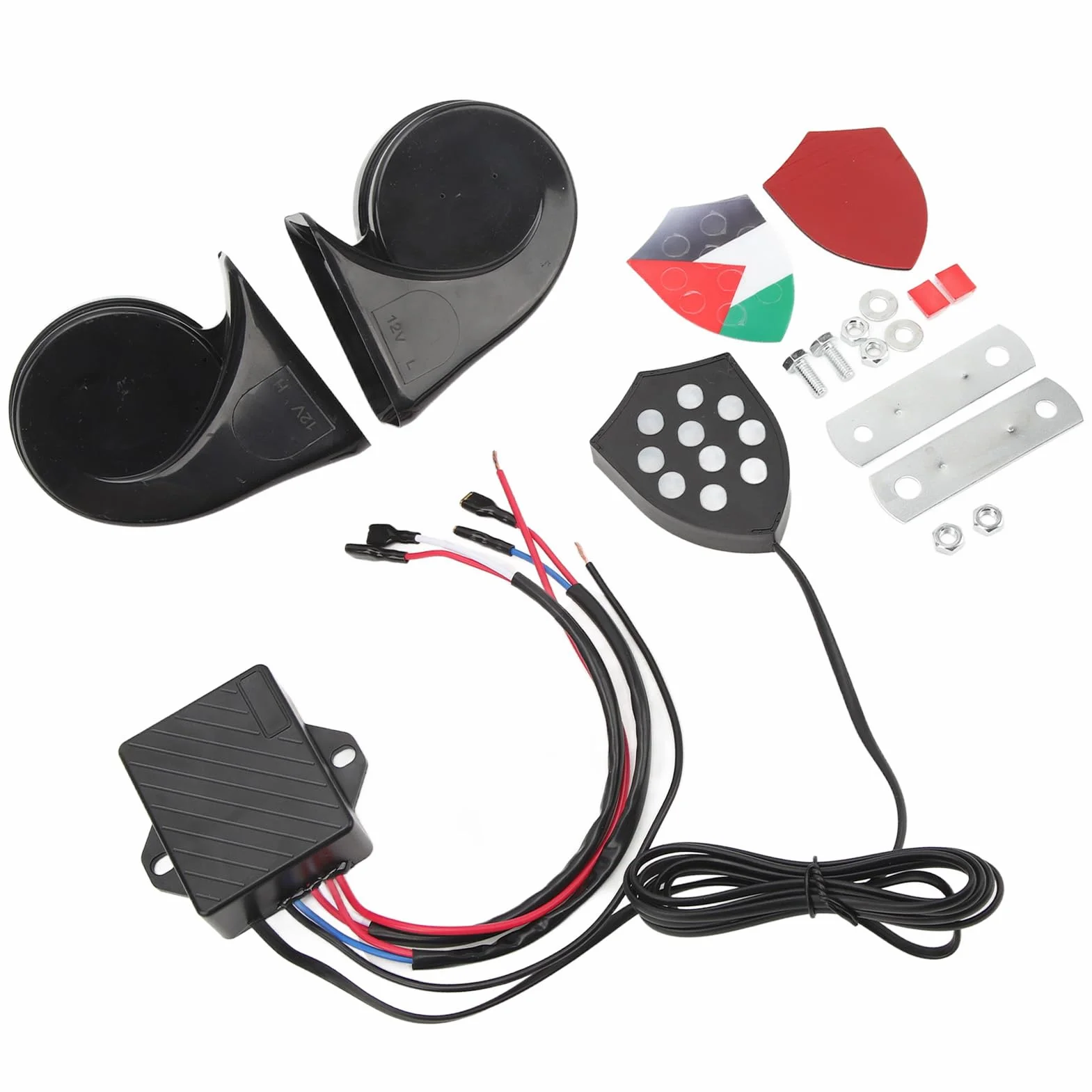 Aramox Clacson Elettronico, Clacson Auto 150dB con Telecomando Universale 12V, Compatibile Berline Camion SUV, Regolatore 10 Suoni Musicali, Modello YC102350-BK