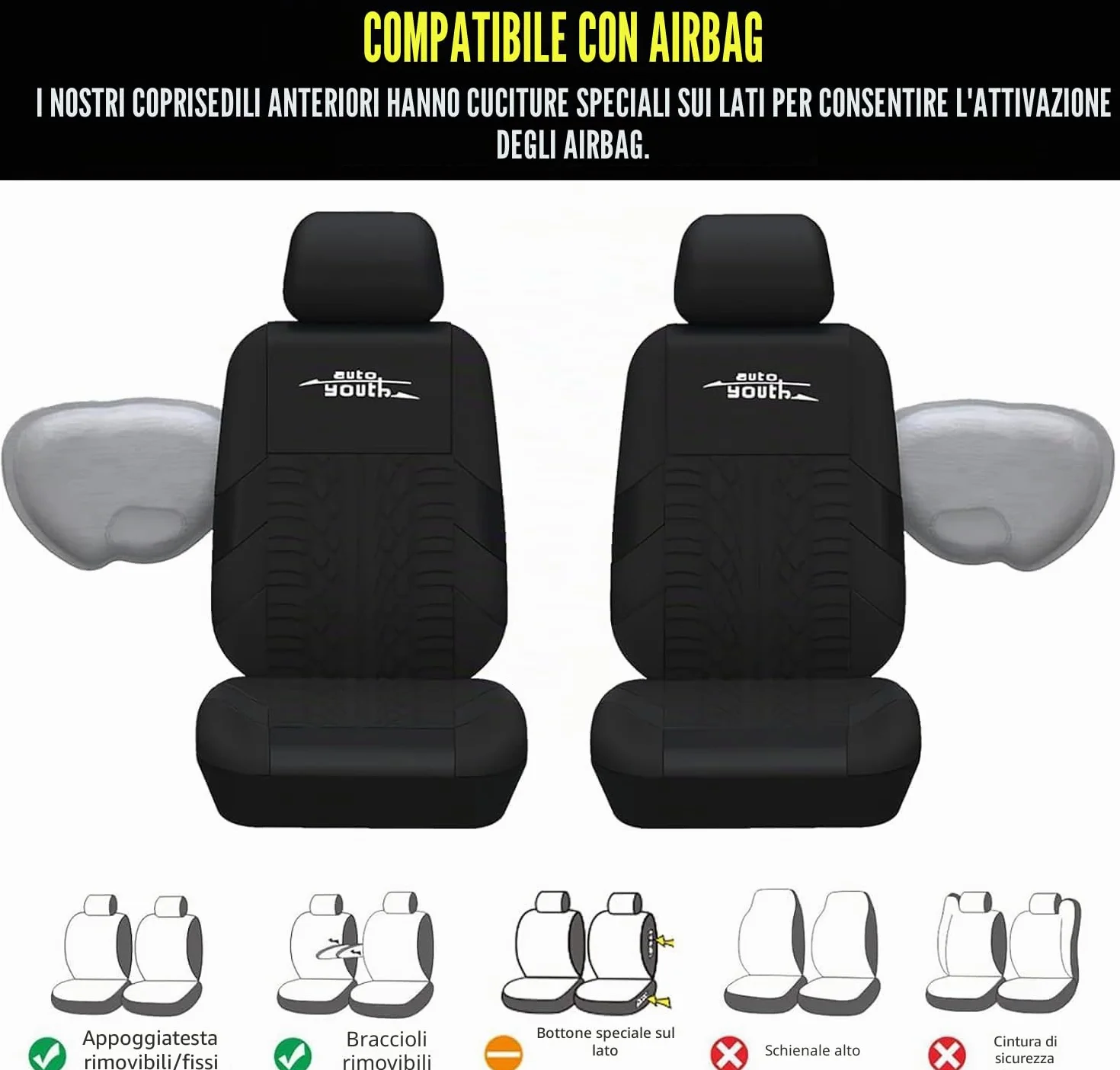 AUTOYOUTH Copri Sedili Auto Universali, Compatibile con Airbag Laterale, Nero