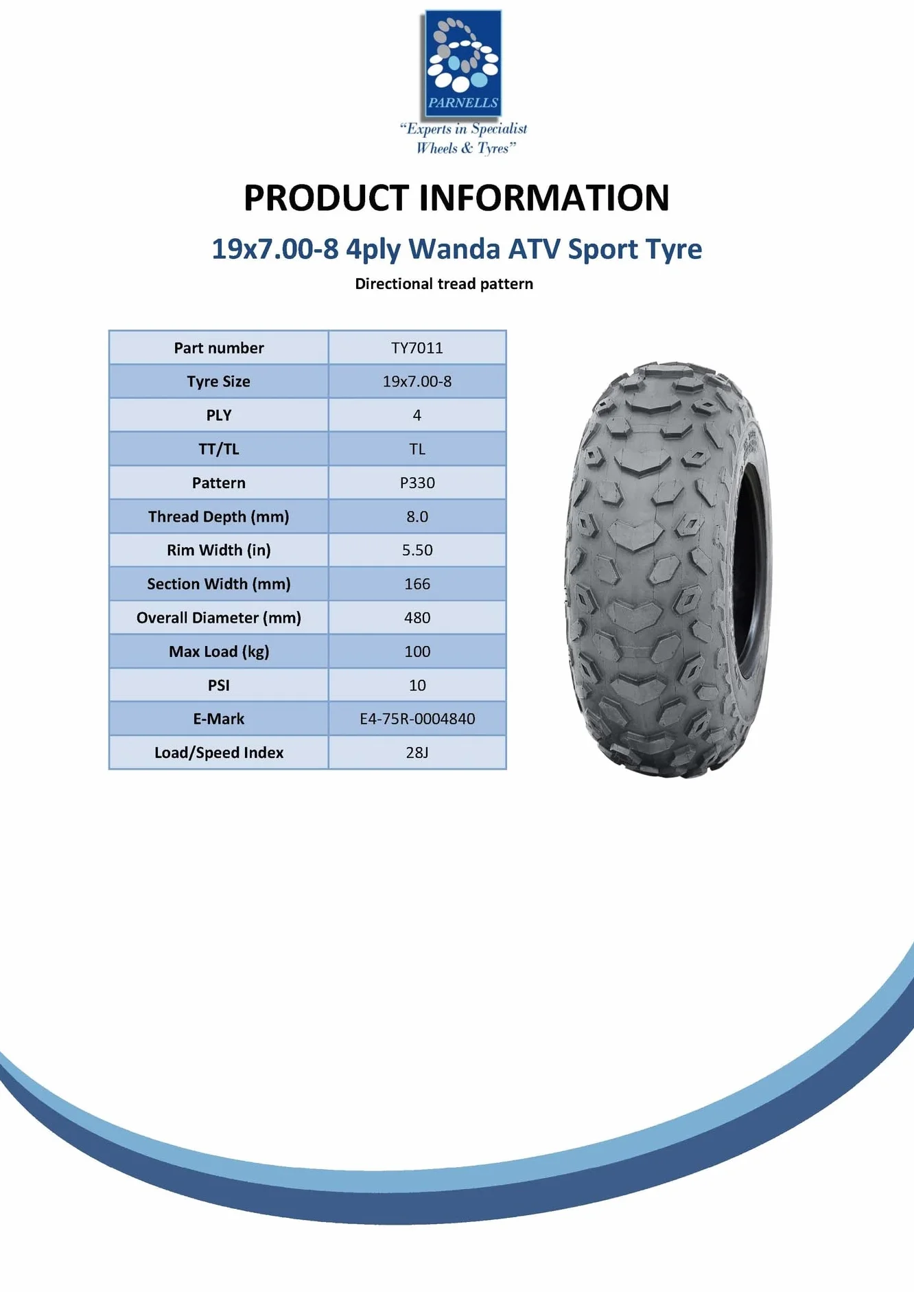 Parnells Pneumatici ATV 19x7.00-8 Tubeless 4 Strati Wanda P330 Omologazione Stradale