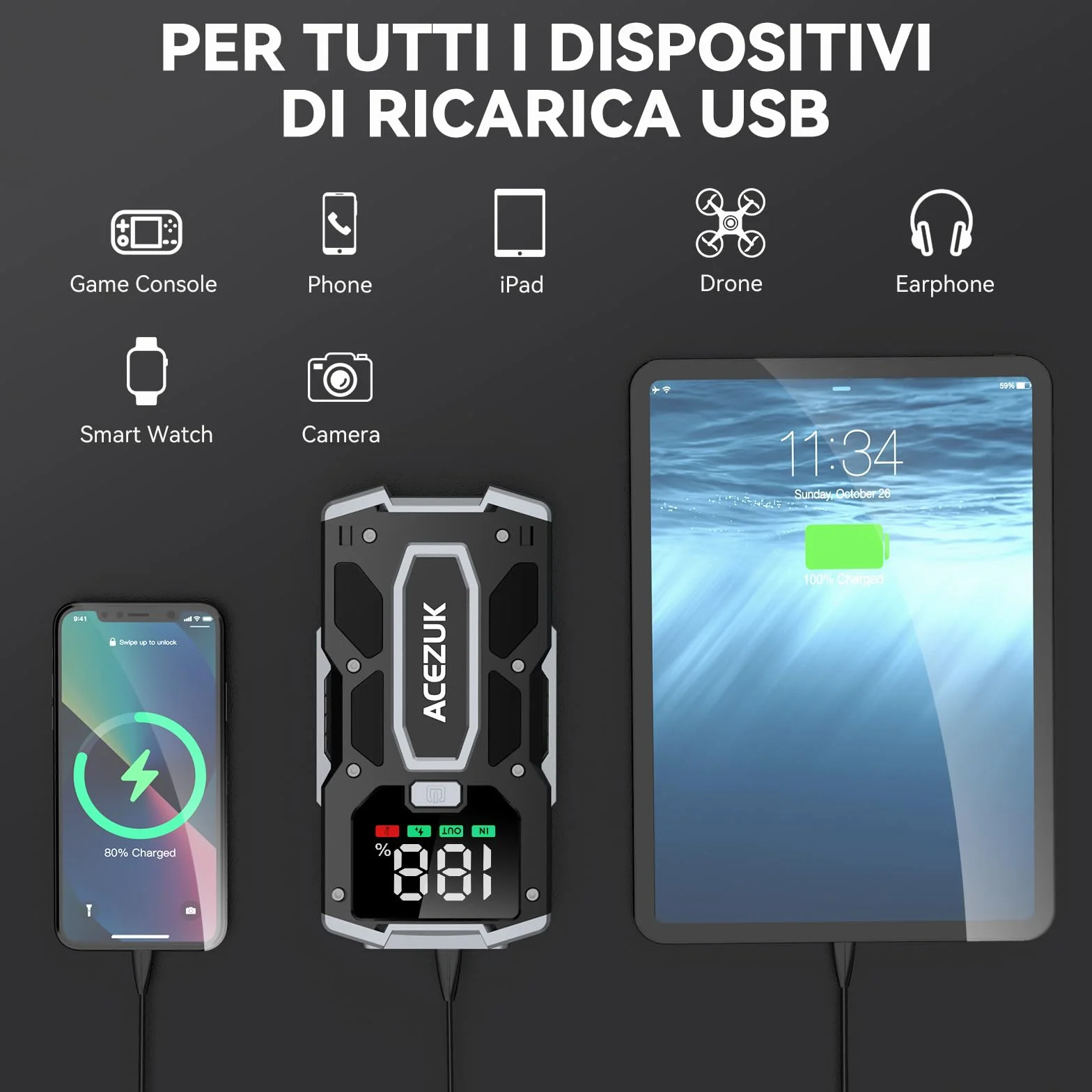 ACEZUK Avviatore Batteria 7000A Jump Start Portatile con LED LCD Booster Avviamento