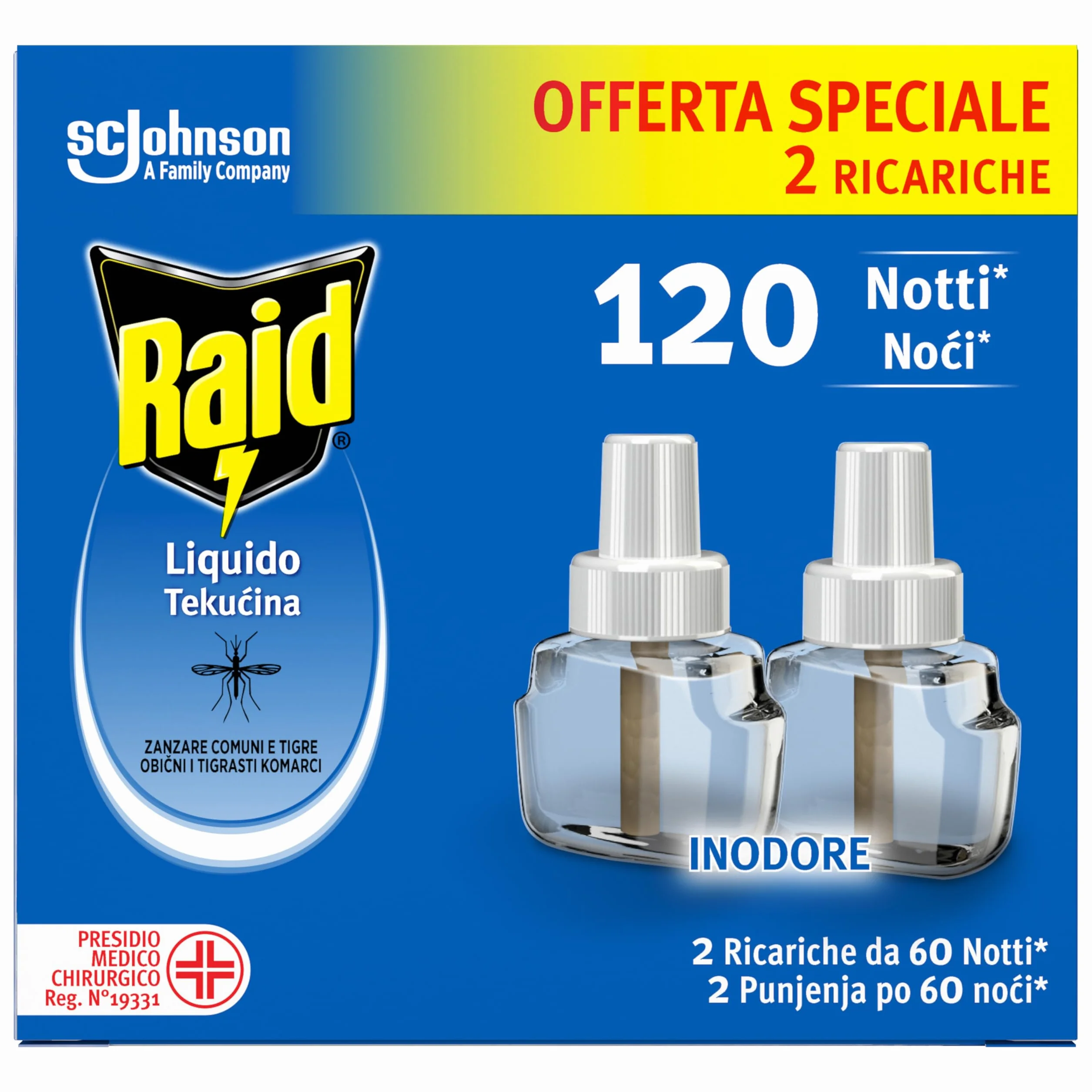 Raid Liquido Elettrico Antizanzare Doppia Ricarica 36ml x2, 120 Notti