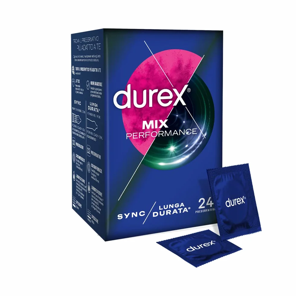 Durex Mix Performance Preservativi Lunga Durata Sync Ritardanti Rilievi Nervature 24 Profilattici
