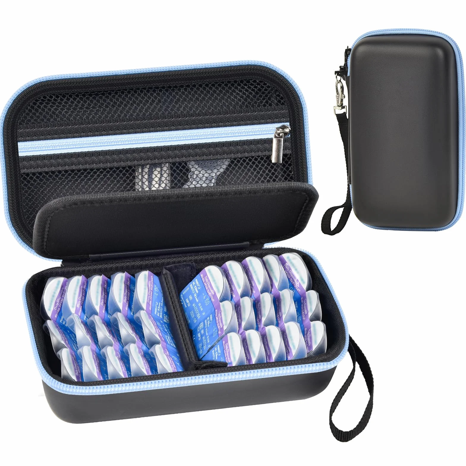 Custodia per lenti a contatto giornaliere per oltre 30 lenti, organizer portatile con tasca in rete, soluzione da viaggio